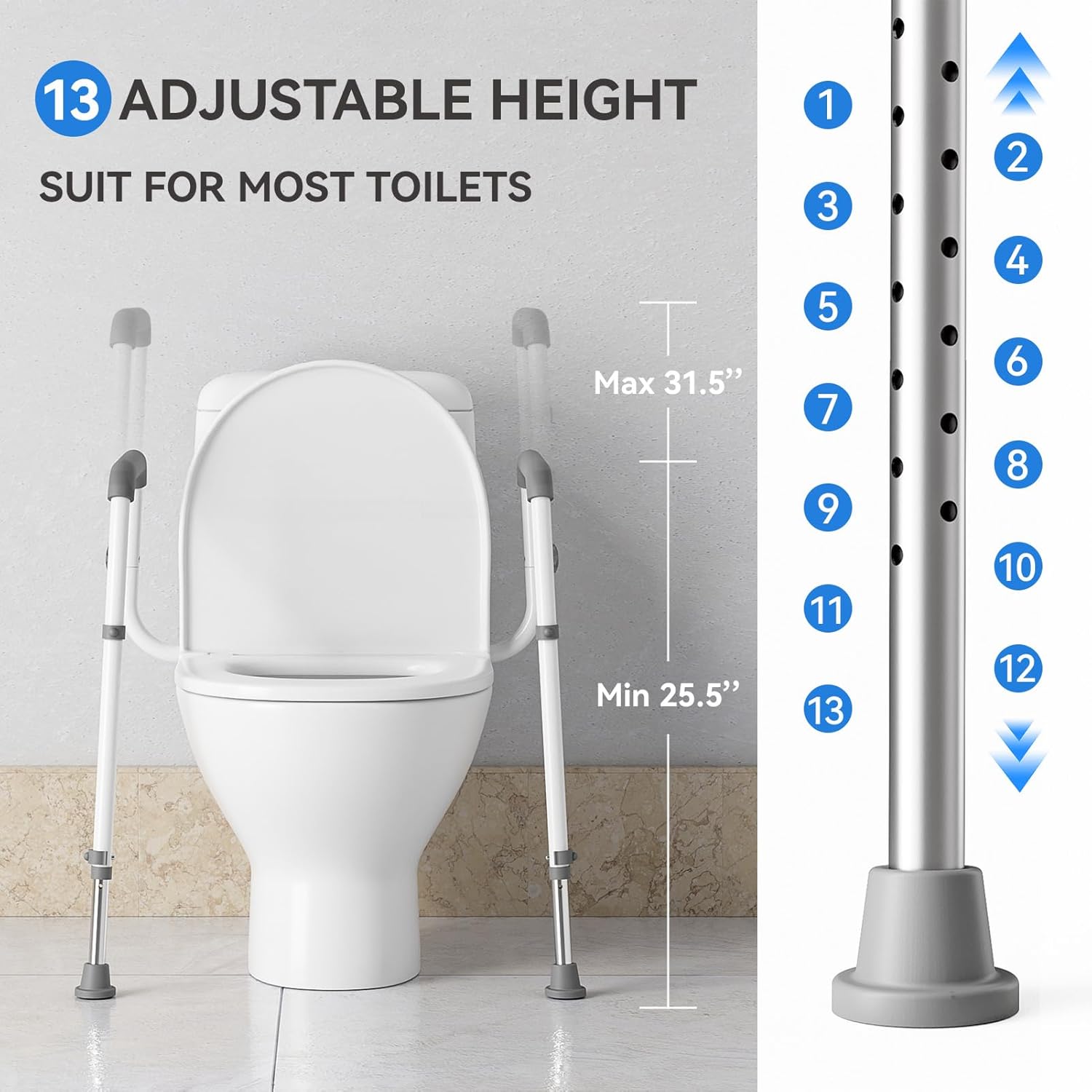 Loyoda Adjustable Toilet Safety Rails with Foam Armrests, Height-Adjustable Legs

