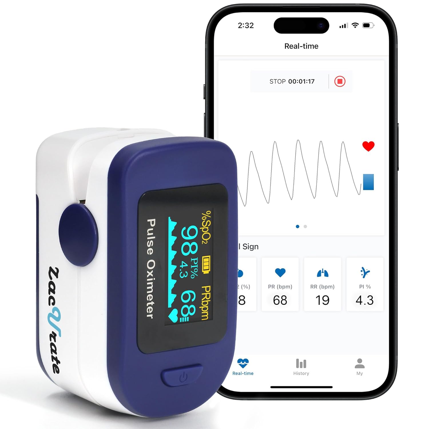 Zacurate 500B-B Wireless Bluetooth Fingertip Pulse Oximeter for SpO2 and Pulse

