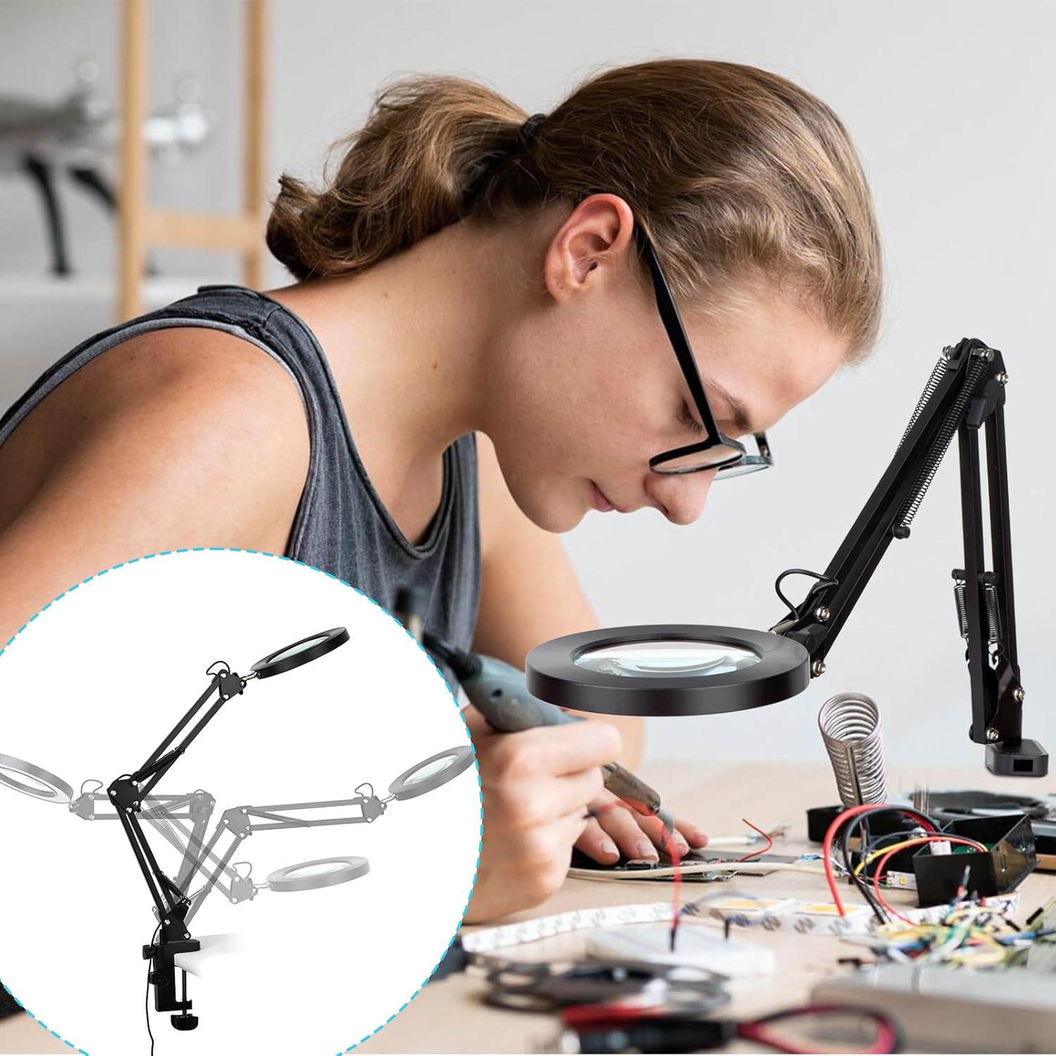 LED Magnifier Desk Lamp with Light, 5-Diopter Glass Lens, Adjustable Swivel Arm

