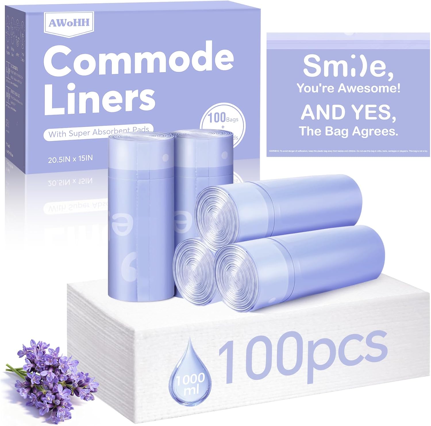AWoHH Bedside Commode Liners with Absorbent Inserts, Leak-Proof Odor Control

