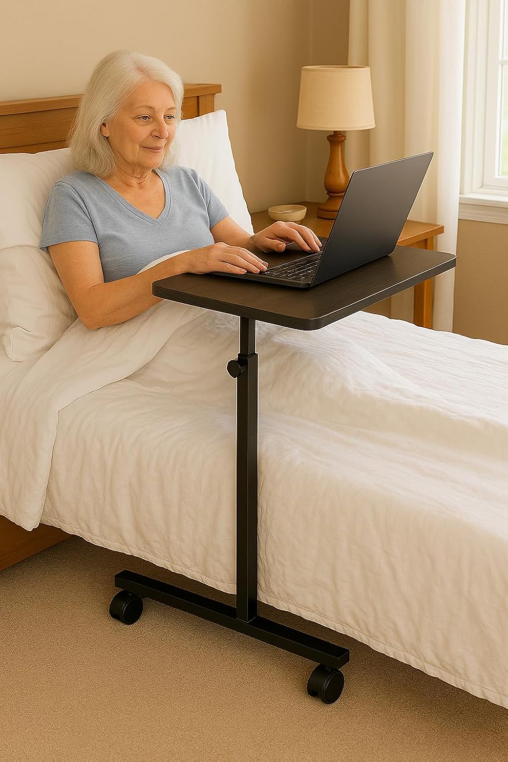 DR. DUNLEY Adjustable Overbed Table on Wheels, Height-Adjustable Rolling Side Table


