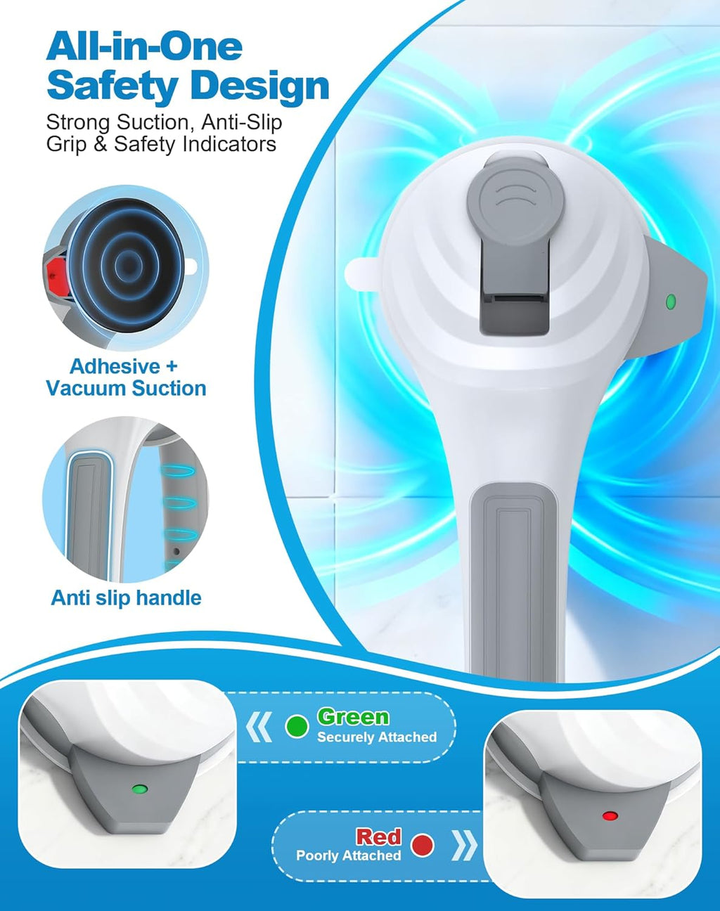 Shower Grab Bars for Seniors 16.7 in Anti-Slip Suction Cup Handle, 2-Pack

