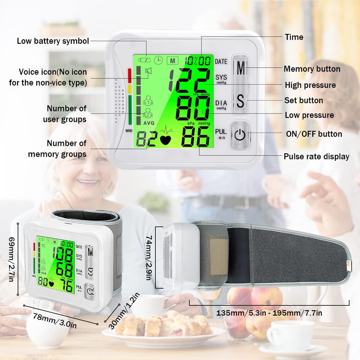 Wrist Blood Pressure Monitor Digital BP Machine USB Rechargeable Tri-Backlit Display

