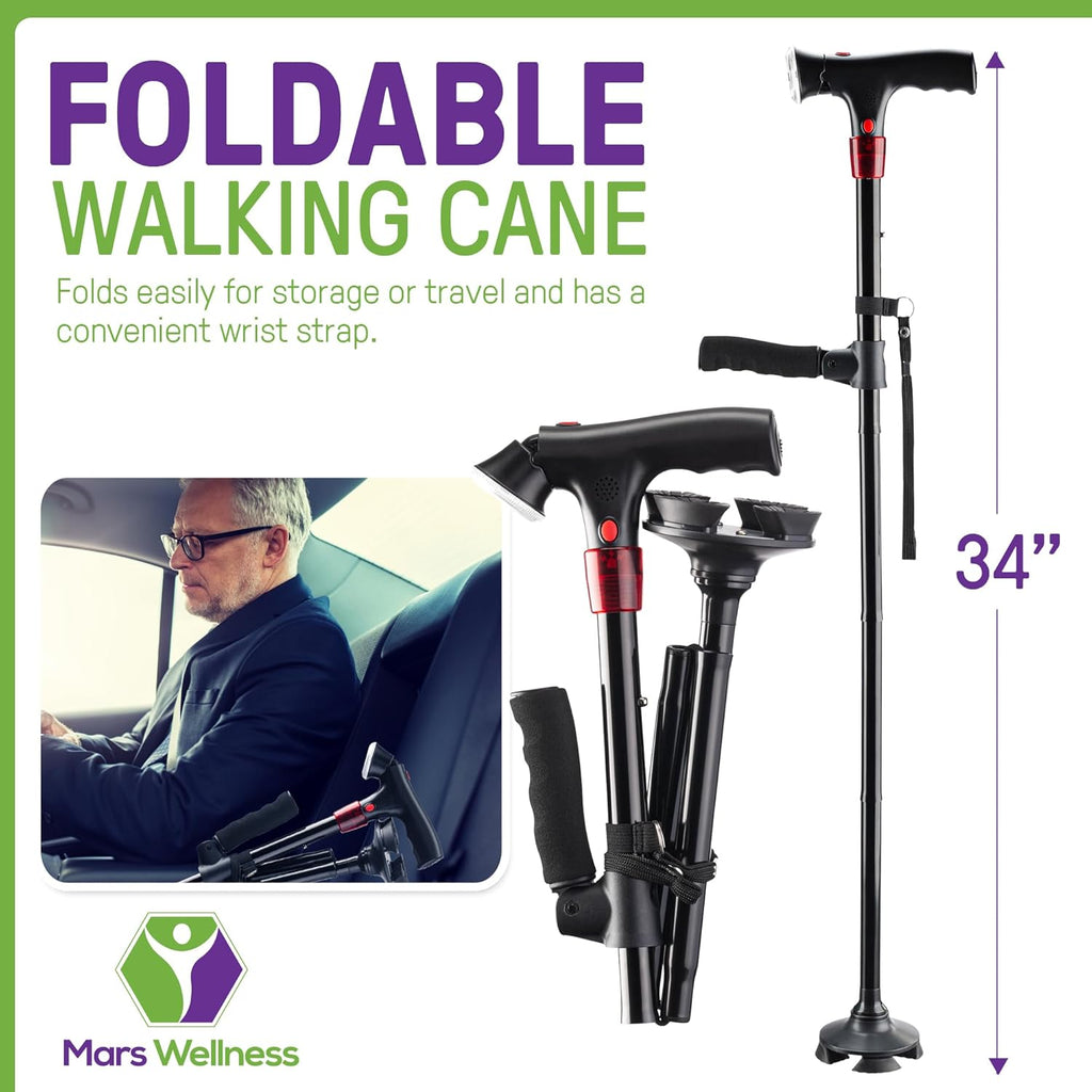 Smart Walking Cane with LED Light, Foldable Tripod Cane with Flashlight & Alarm

