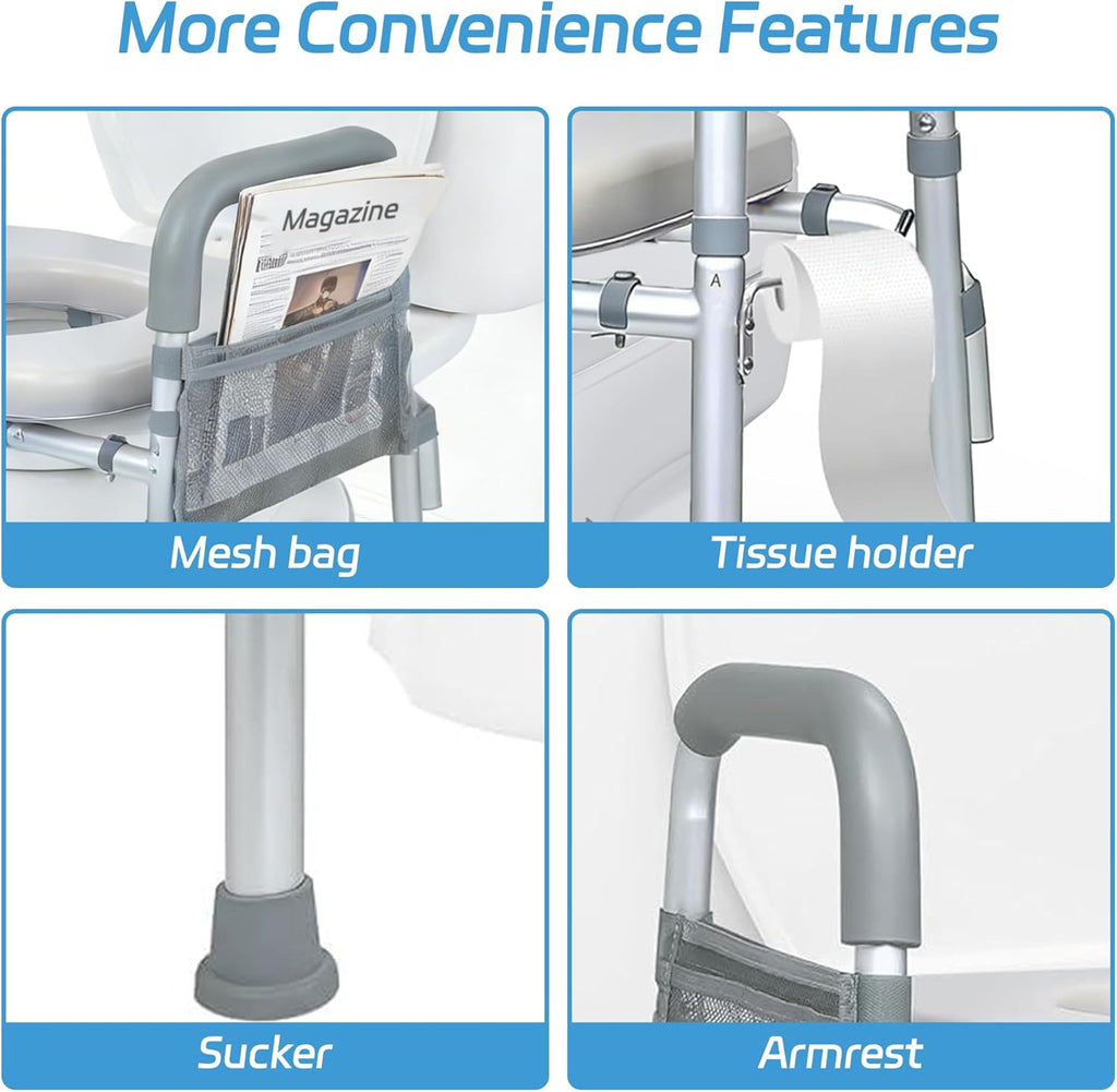 Adjustable Raised Toilet Seat with Handles, Padded Toilet Seat Riser for Seniors

