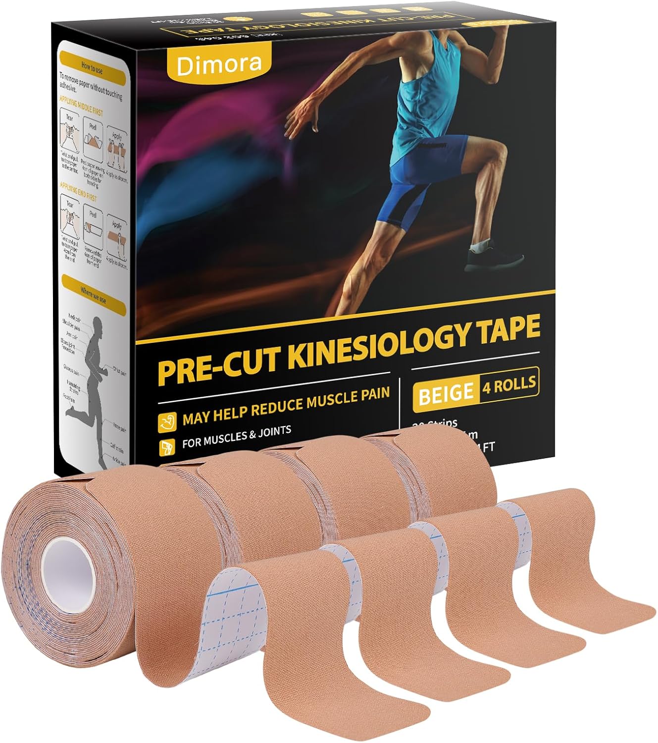 Dimora Kinesiology Tape, 80 Count Precut Strips, 10in Elastic Athletic Tape

