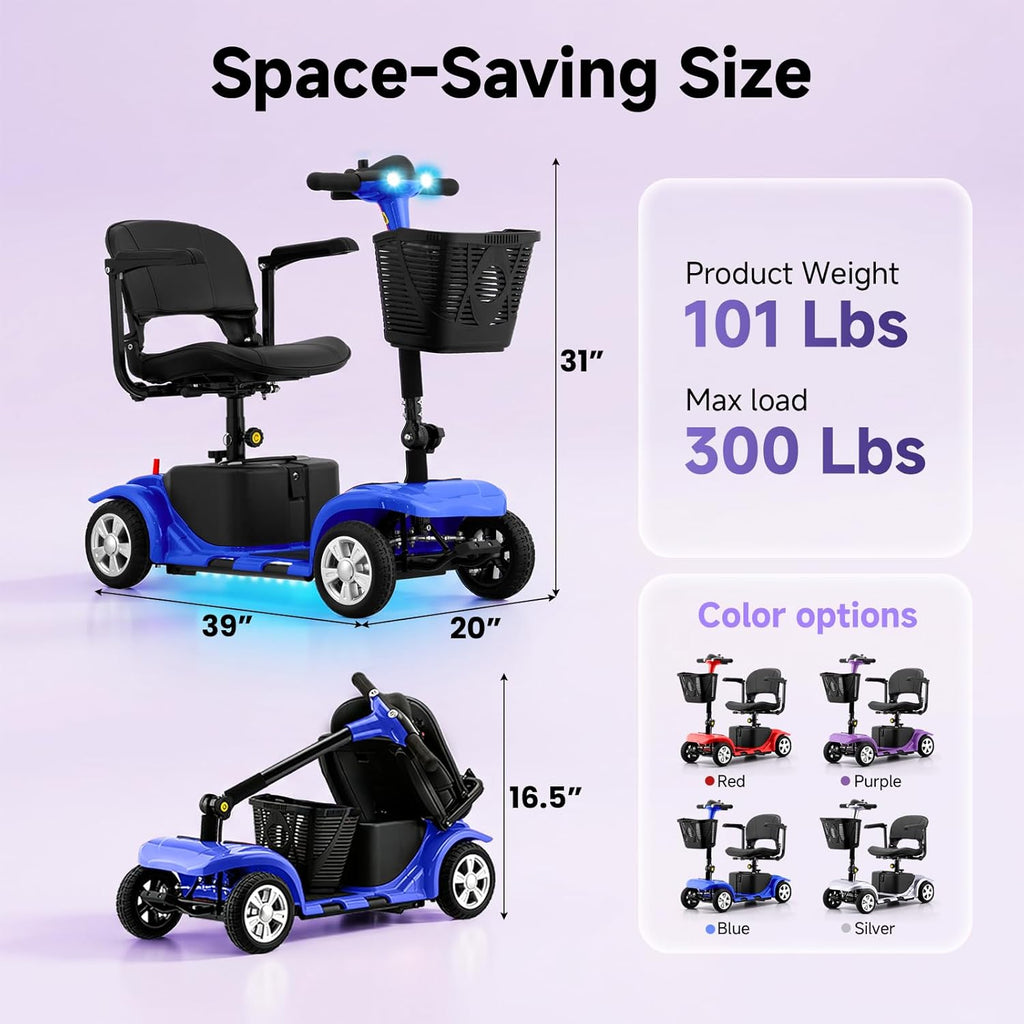 Electric Mobility Scooter for Adults, 4-Wheel Powered Scooter, LED Headlights & Basket

