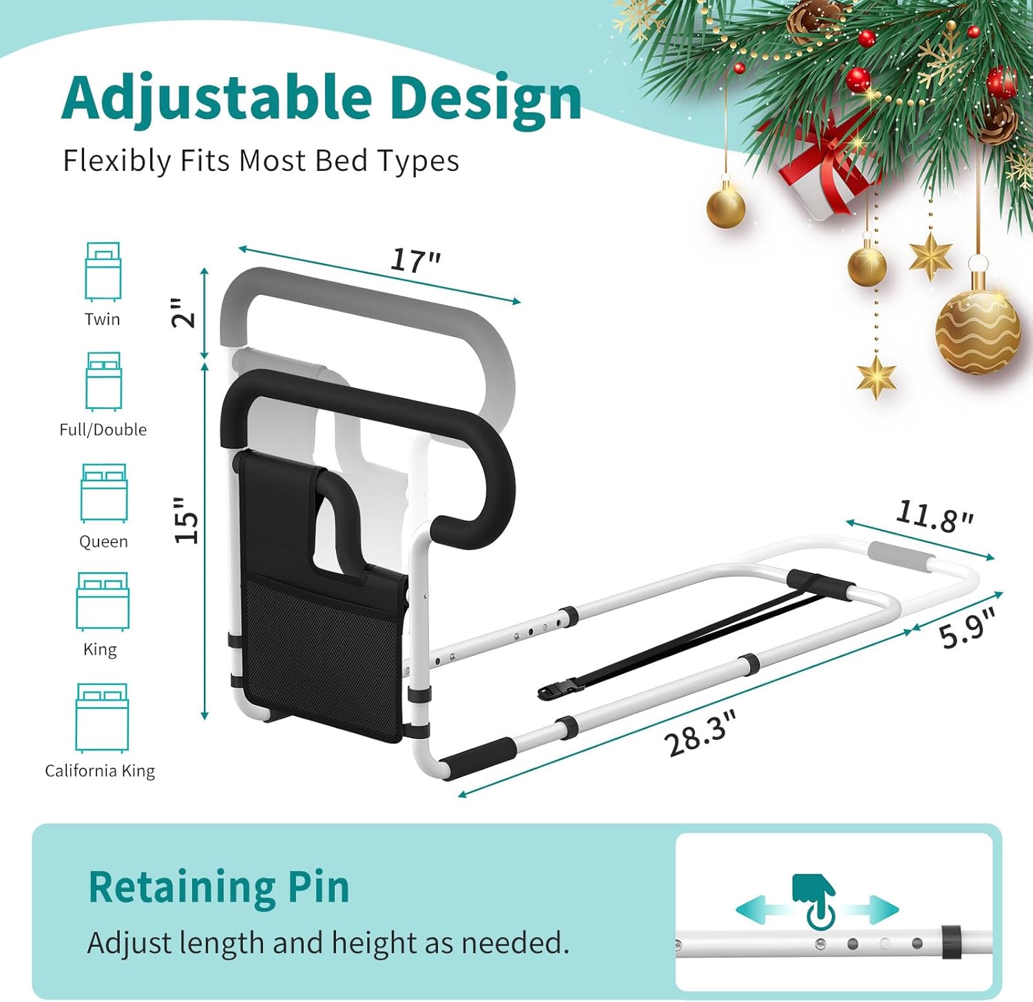 Bed Rails for Elderly Adults Safety Adjustable Bed Assist Rail with Storage Pockets

