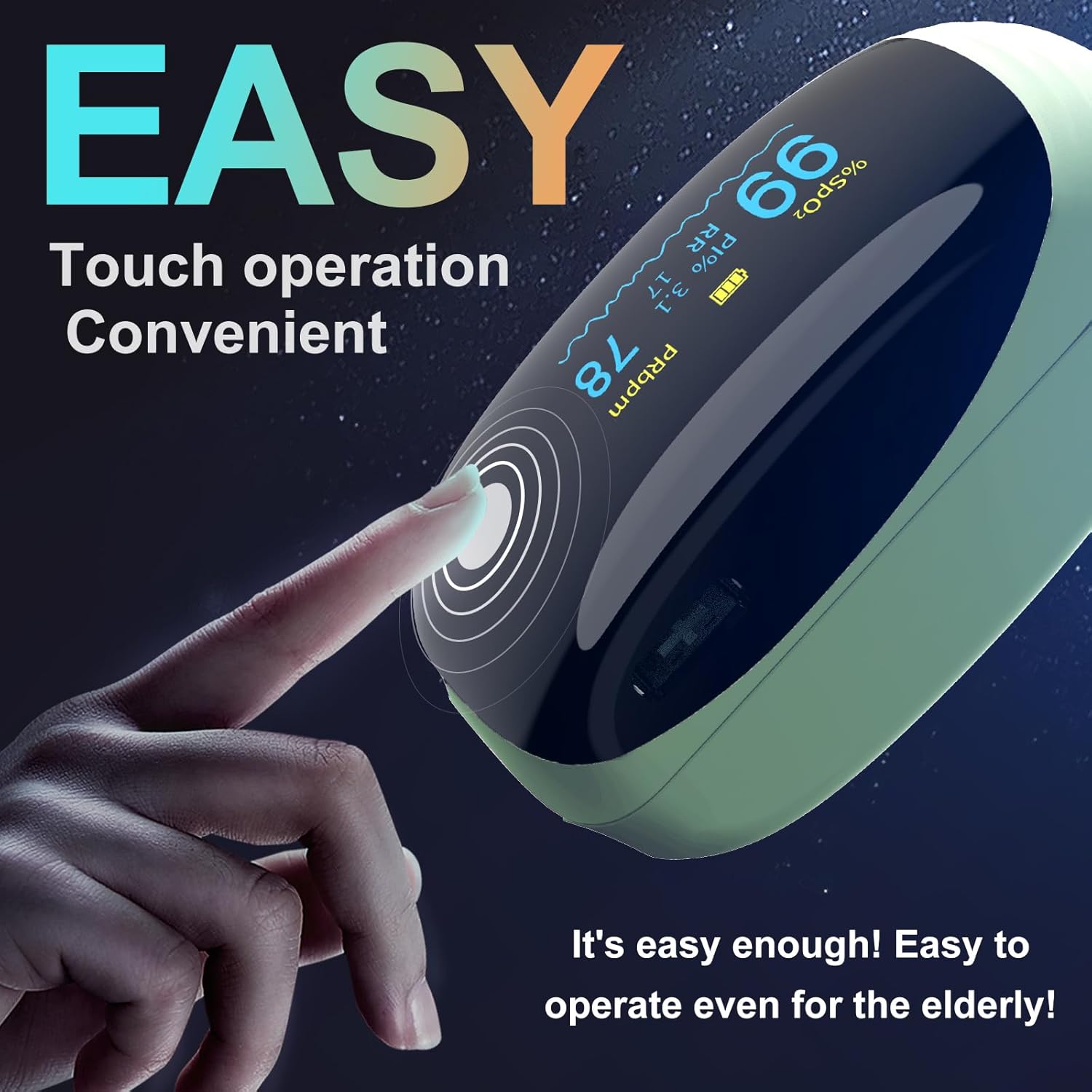 Fingertip Pulse Oximeter with Respiration Rate Monitoring, PI & RR, Rechargeable

