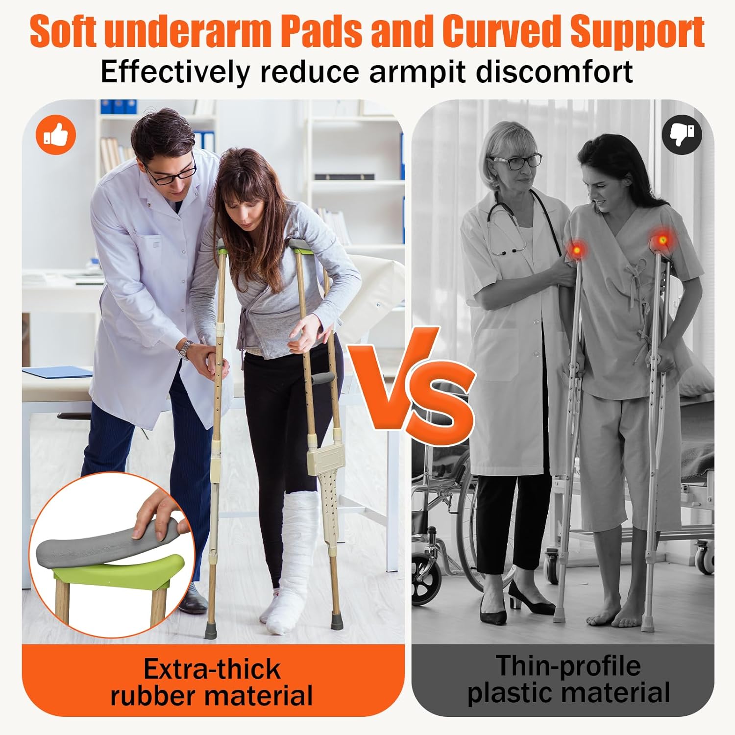Aluminum Height Adjustable Underarm Crutches for Adults, Pair with Padded Cushions

