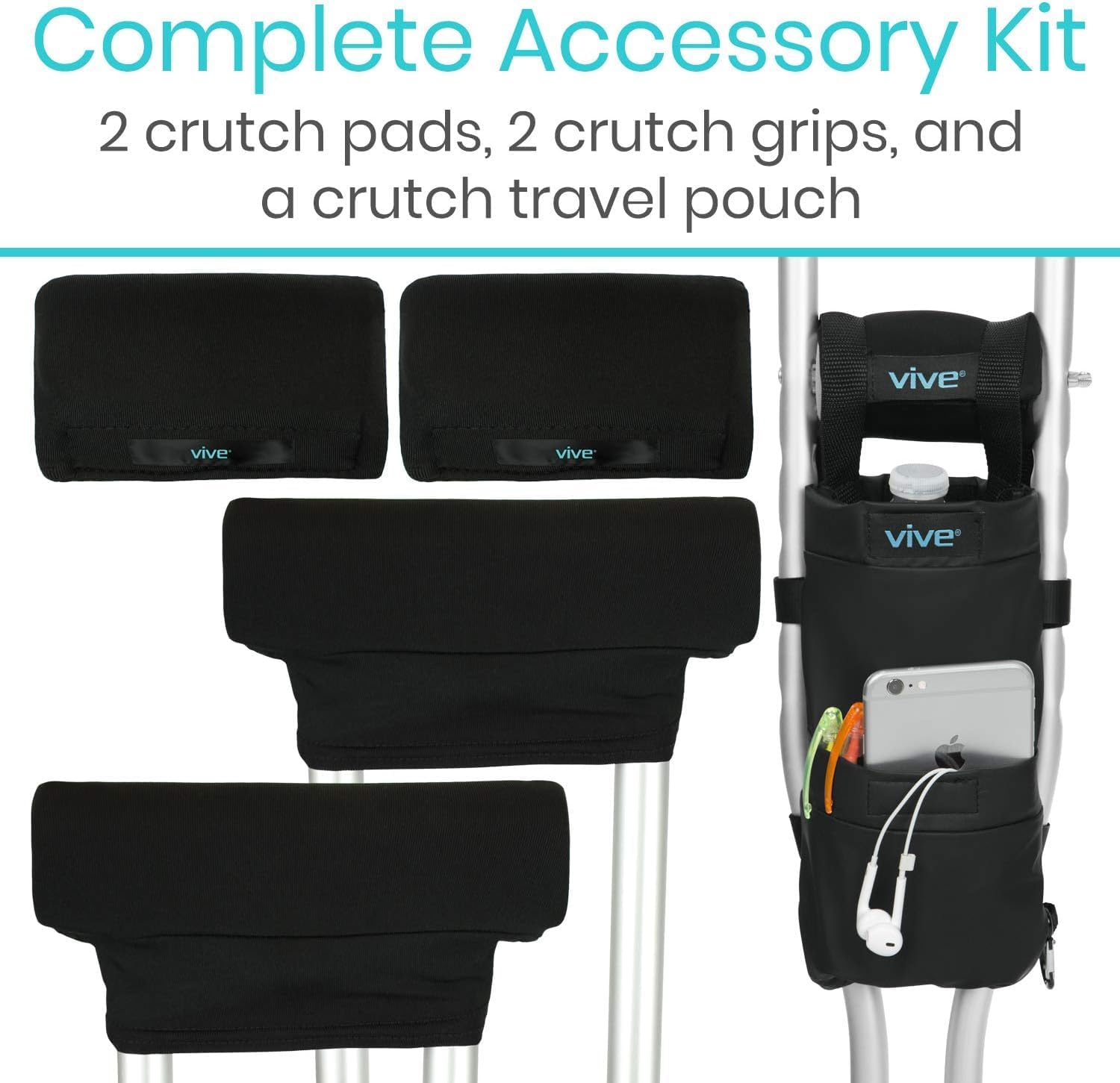 Vive Crutch Pads, Hand Grips, and Pouch Accessory Kit for Adults

