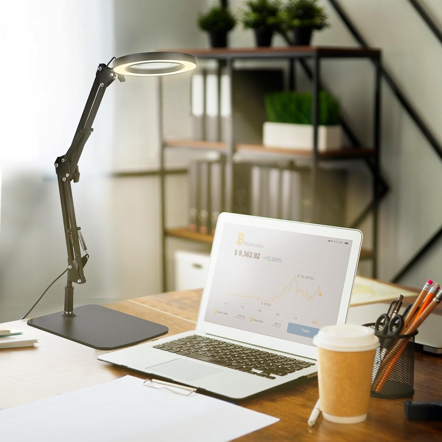 LED Magnifier Desk Lamp with Light, 5-Diopter Glass Lens, Adjustable Swivel Arm

