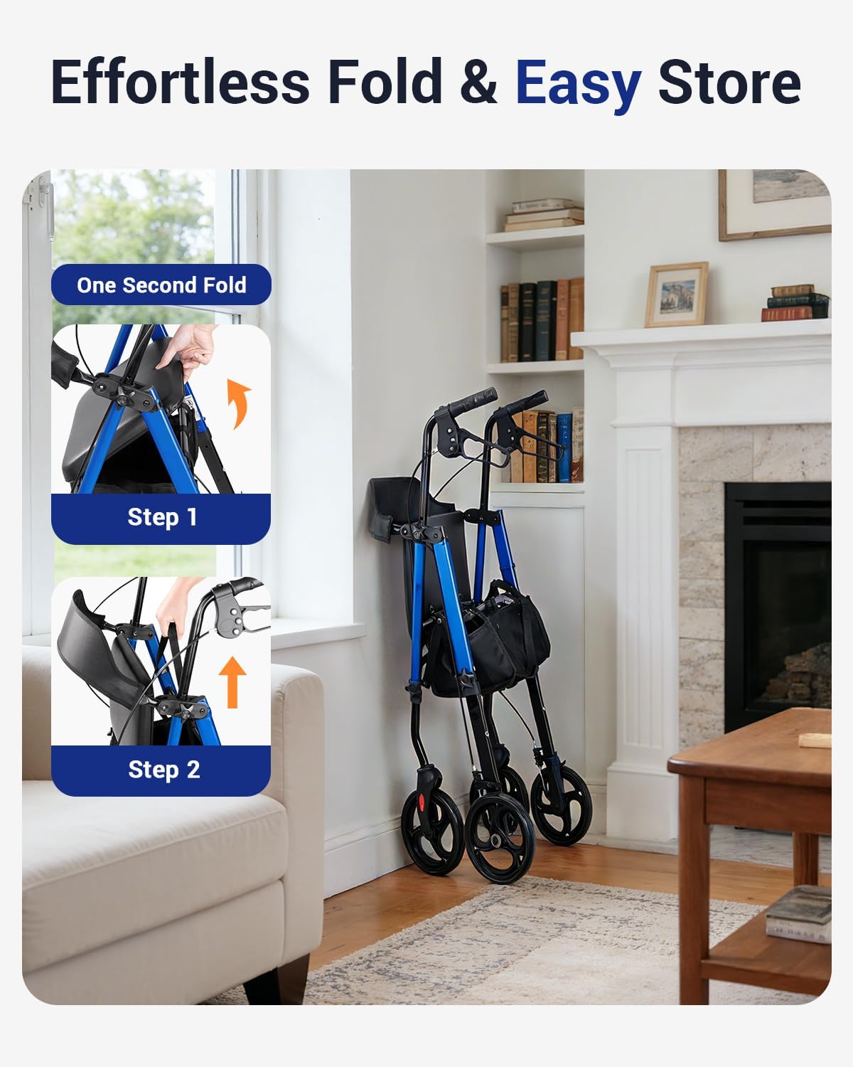 Rollator Walker with Seat for Seniors, Foldable 8 in Wheels, Height Adjustable

