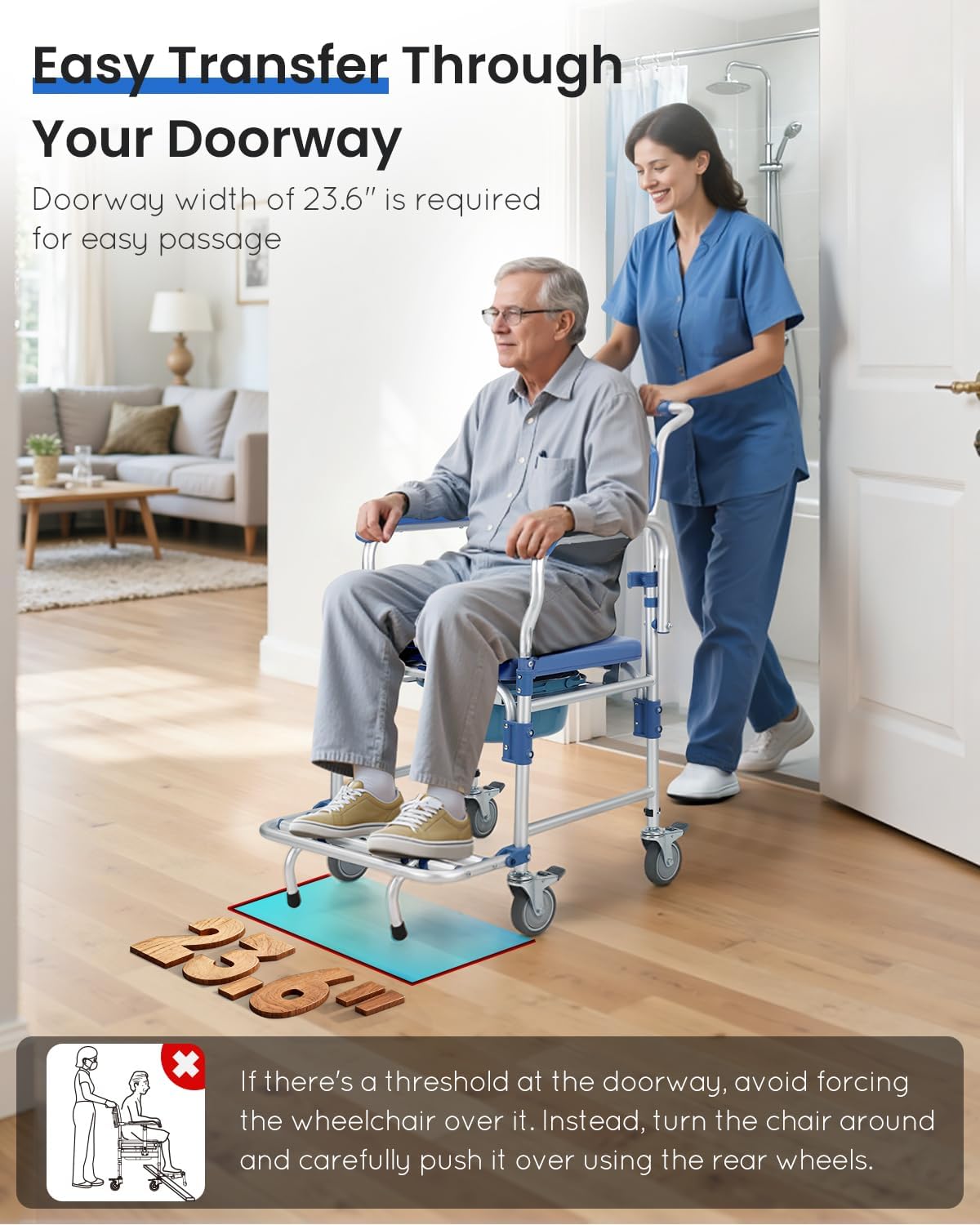 Bedside Commode Wheelchair with Drop Arms, Locking Casters, Waterproof Shower Chair

