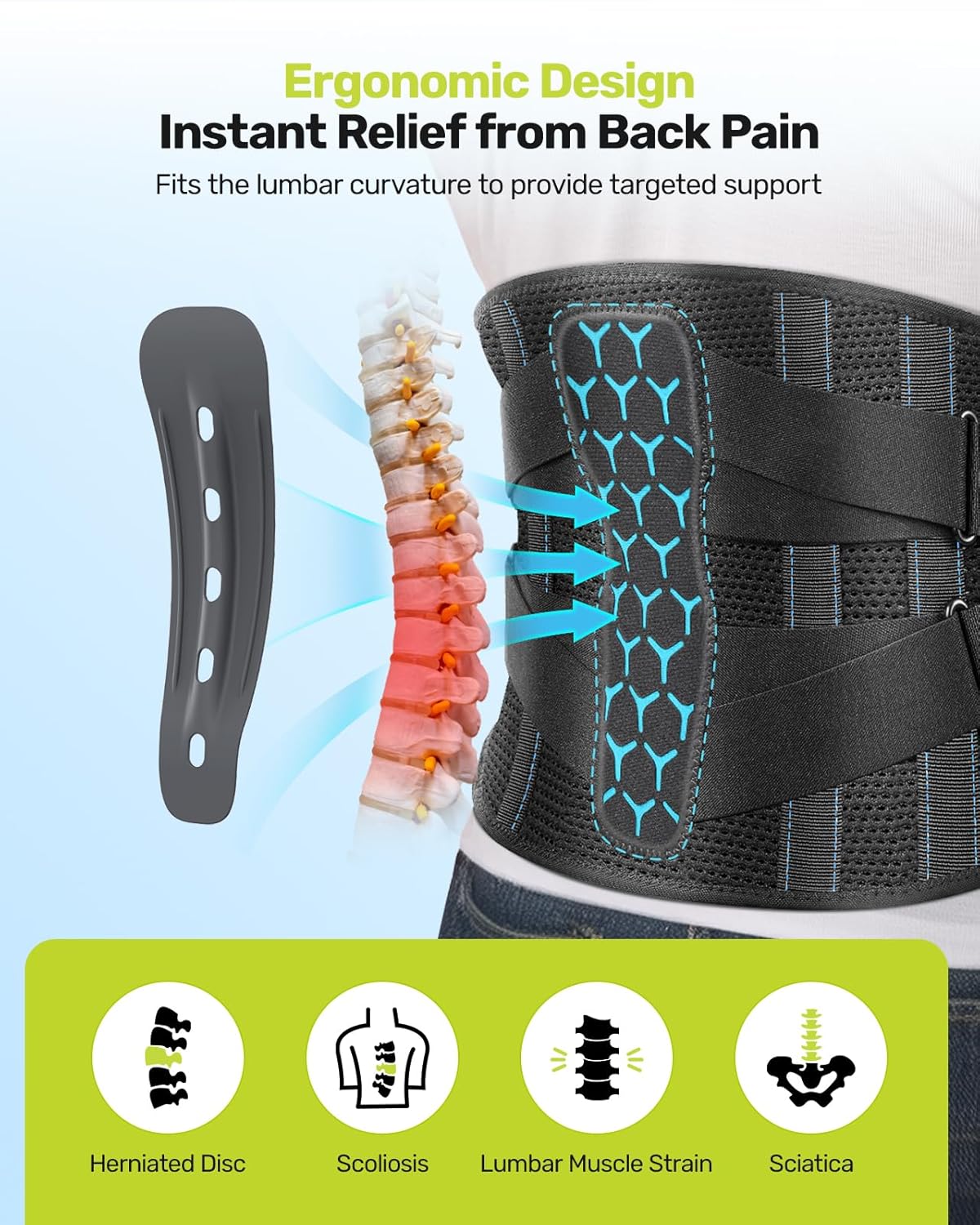 Rakiie Lumbar Back Brace with 4 Memory Alloy Stays and 3D Pad Support

