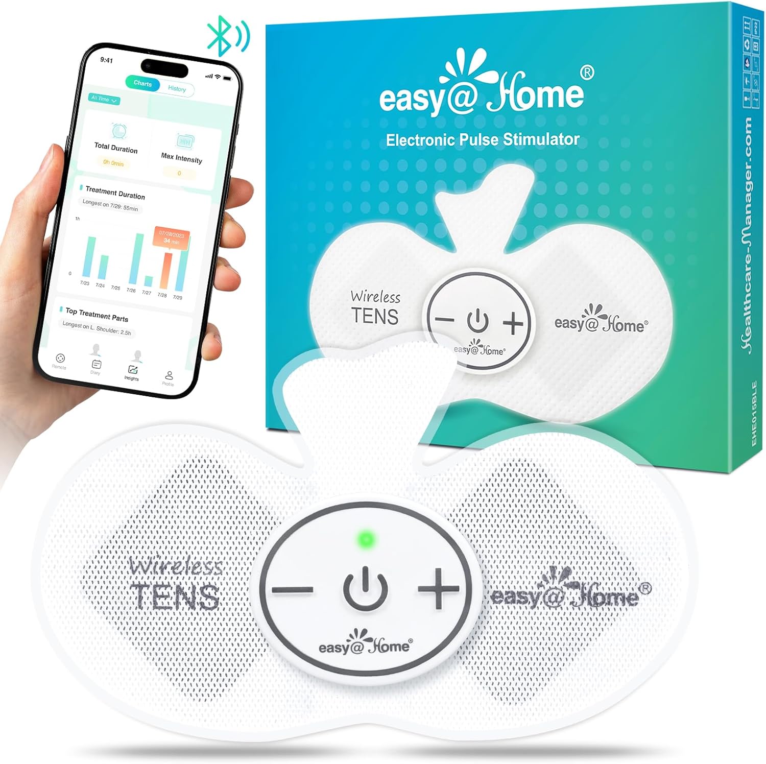 Easy@Home Wireless TENS Unit with MyPainOff App Remote Control, EMS/TENS Massager

