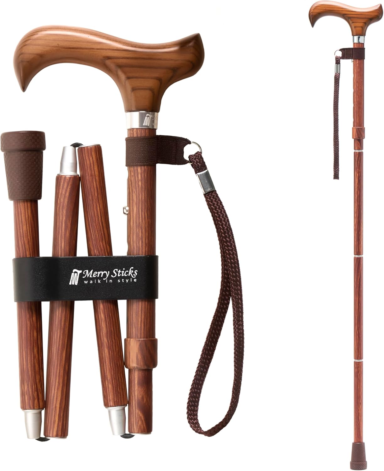 Merry Sticks Lightweight Foldable Walking Cane, Adjustable 4-Section, Wrist Strap

