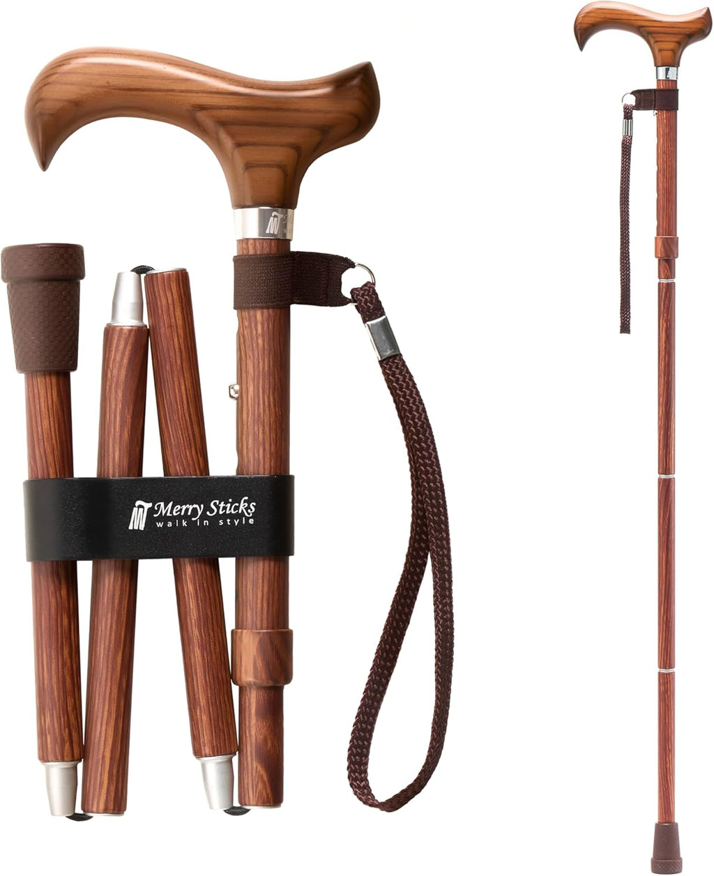 Merry Sticks Lightweight Foldable Walking Cane, Adjustable 4-Section, Wrist Strap


