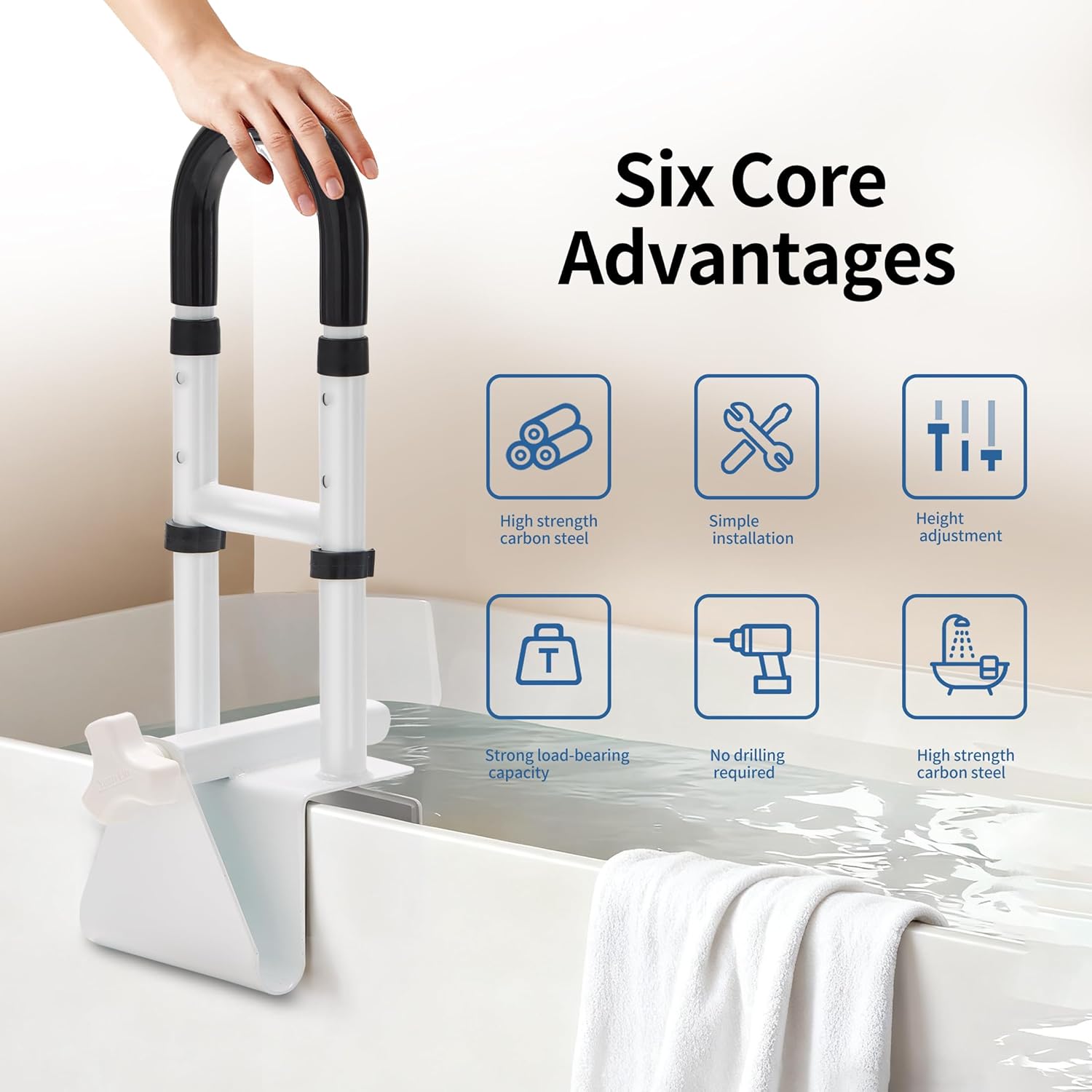 Bathtub Safety Rail Grab Bar with Non-Slip Grip, Clamp-On Handle for Seniors

