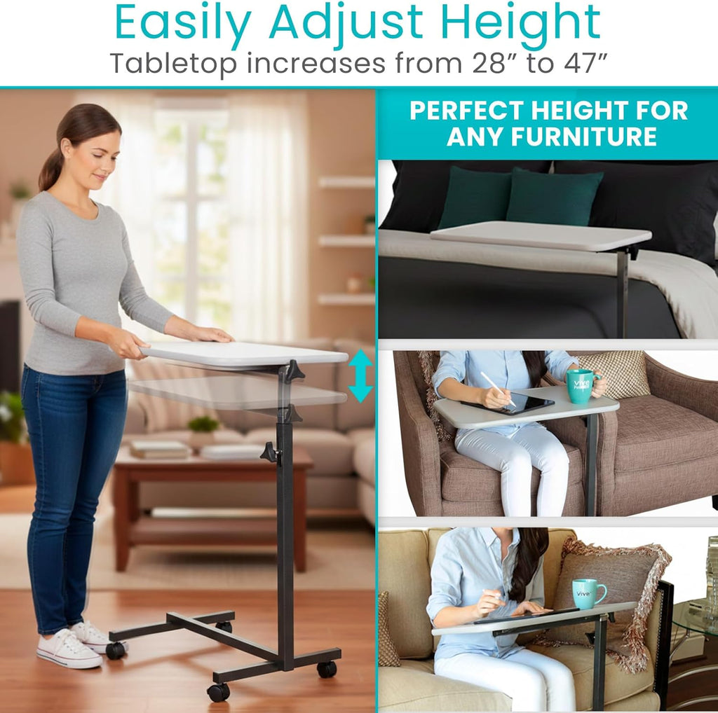 Vive Overbed Hospital Bed Table with Adjustable Height Tilt Tray and Locking Wheels

