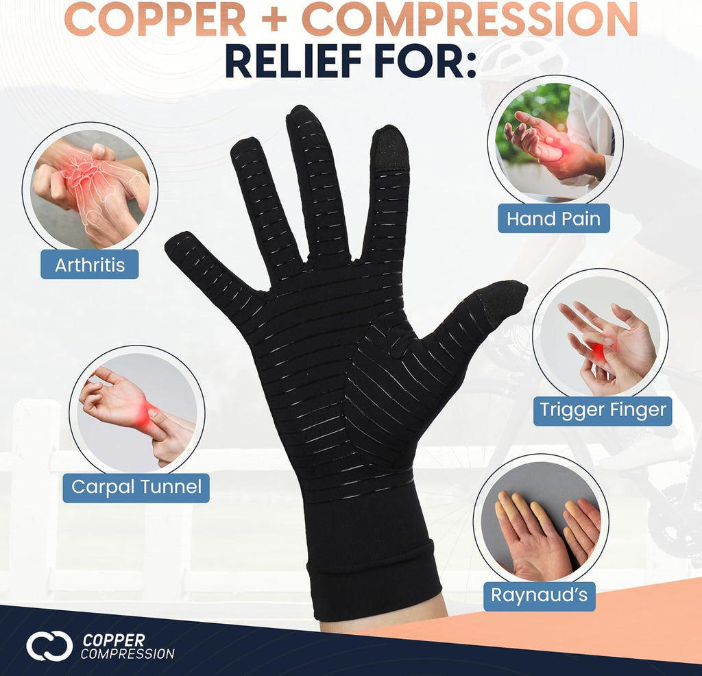 Copper Compression Arthritis Compression Full Finger Gloves with Touchscreen Fingertips

