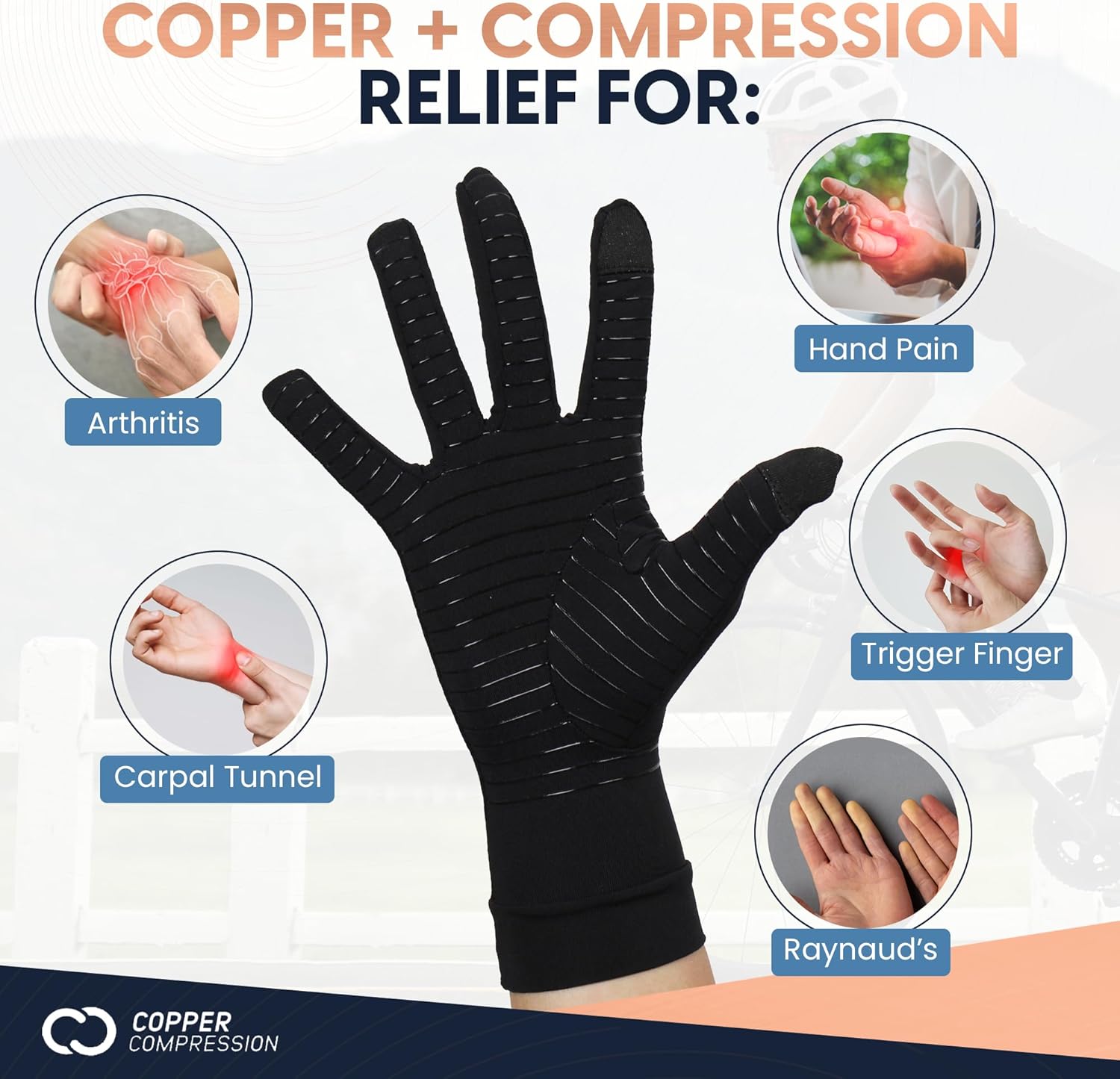 Copper Compression Arthritis Compression Full Finger Gloves with Touchscreen Fingertips

