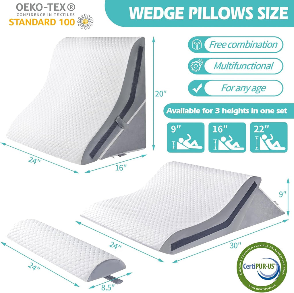 Bed Wedge Pillow Set for Sleeping, Memory Foam Incline Post Surgery Support

