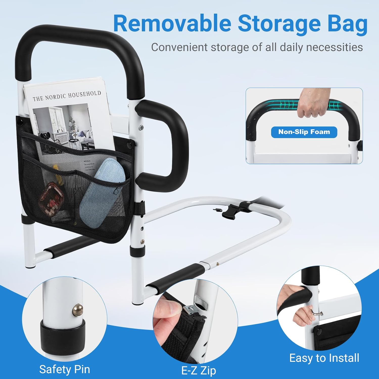 Klvied Bed Rails for Elderly, Adjustable Bed Safety Rail with Storage Bag

