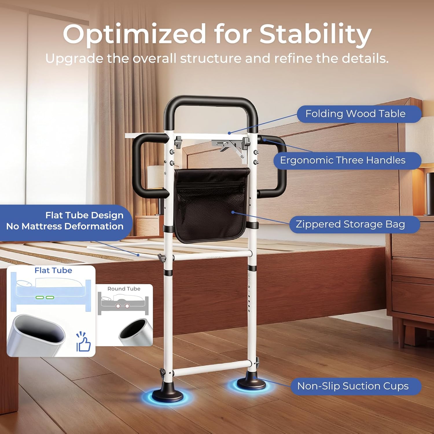 Height Adjustable Bed Rail for Elderly with Non-Slip Grip, Assist Bar and Table

