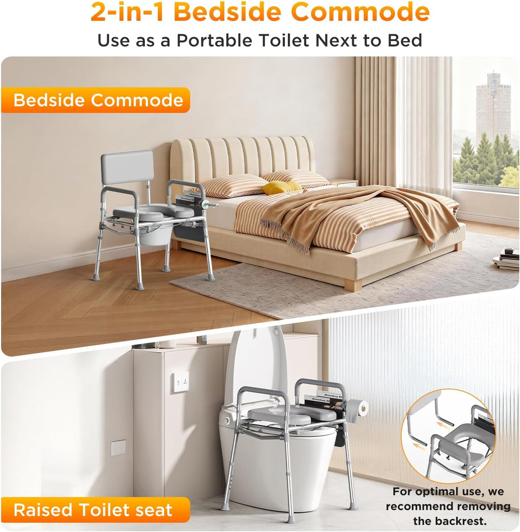 Bedside Commode with Padded Seat, Removable Backrest, 350 lb Portable Toilet


