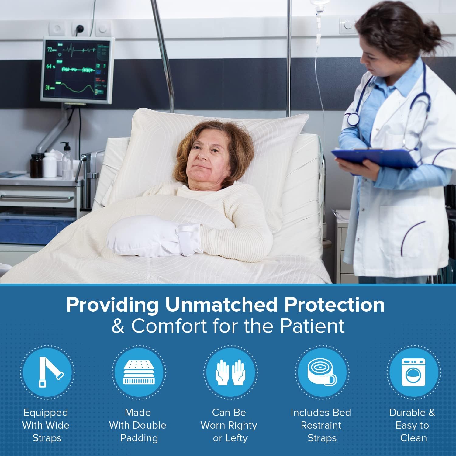 Medical Double Security Hand Restraint Gloves, Double Padded, Bed Straps Included

