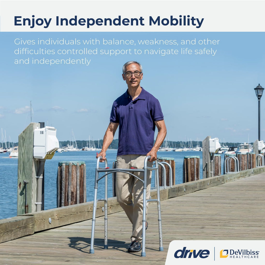 Drive Medical 2-Button Foldable Walker with Adjustable Legs, Lightweight Aluminum 350 lb

