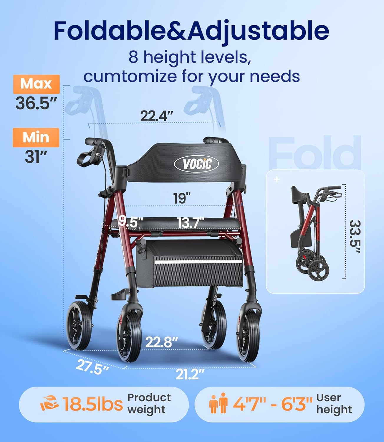 VOCIC Z21 Rollator Walker with Seat, 8" All-Terrain Big Wheels, Foldable

