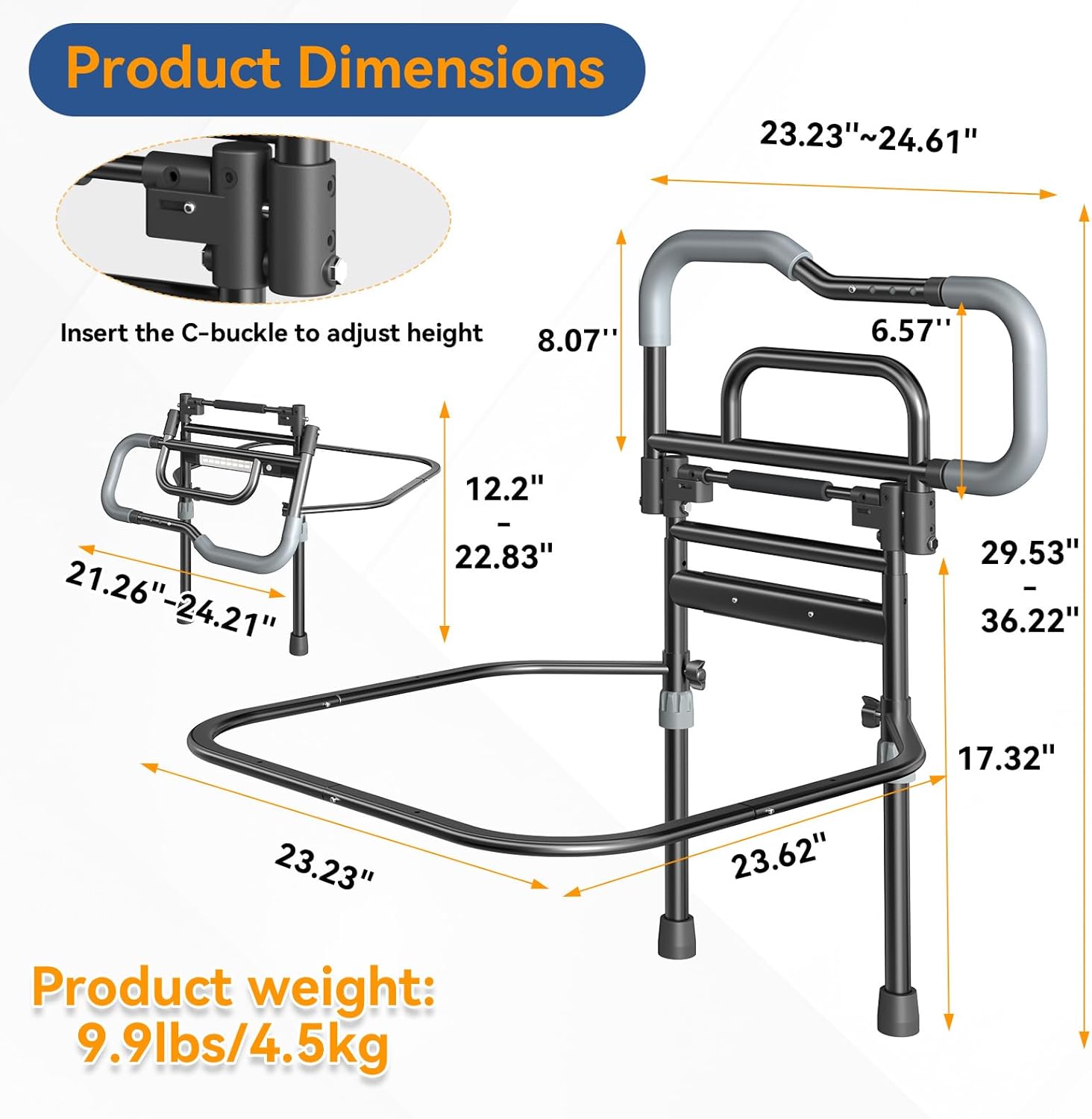 Bed Rails for Seniors, Foldable Bed Assist Rails with LED Night Light

