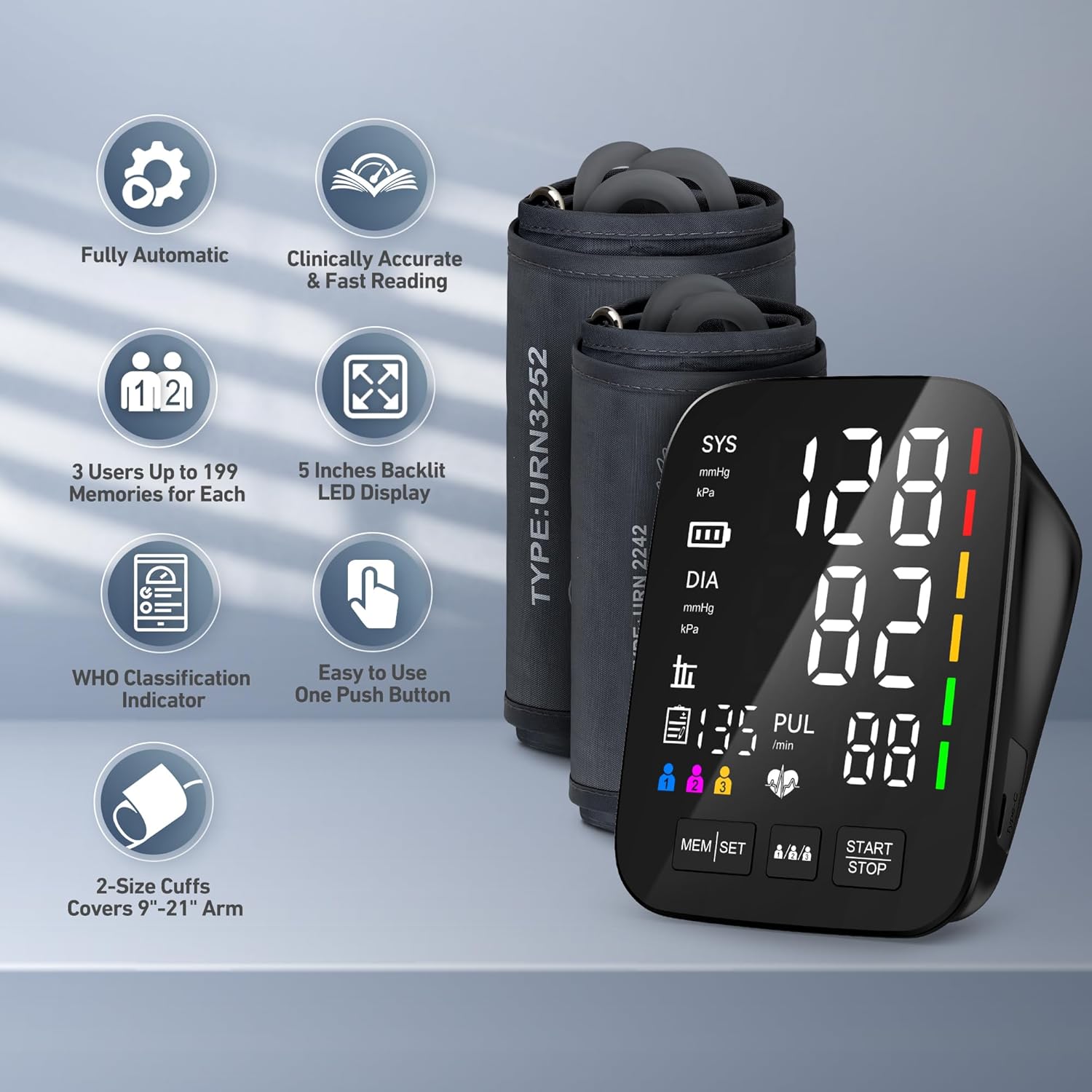 AQESO Automatic Digital Blood Pressure Monitor for Home Use, 3-User, LED Display

