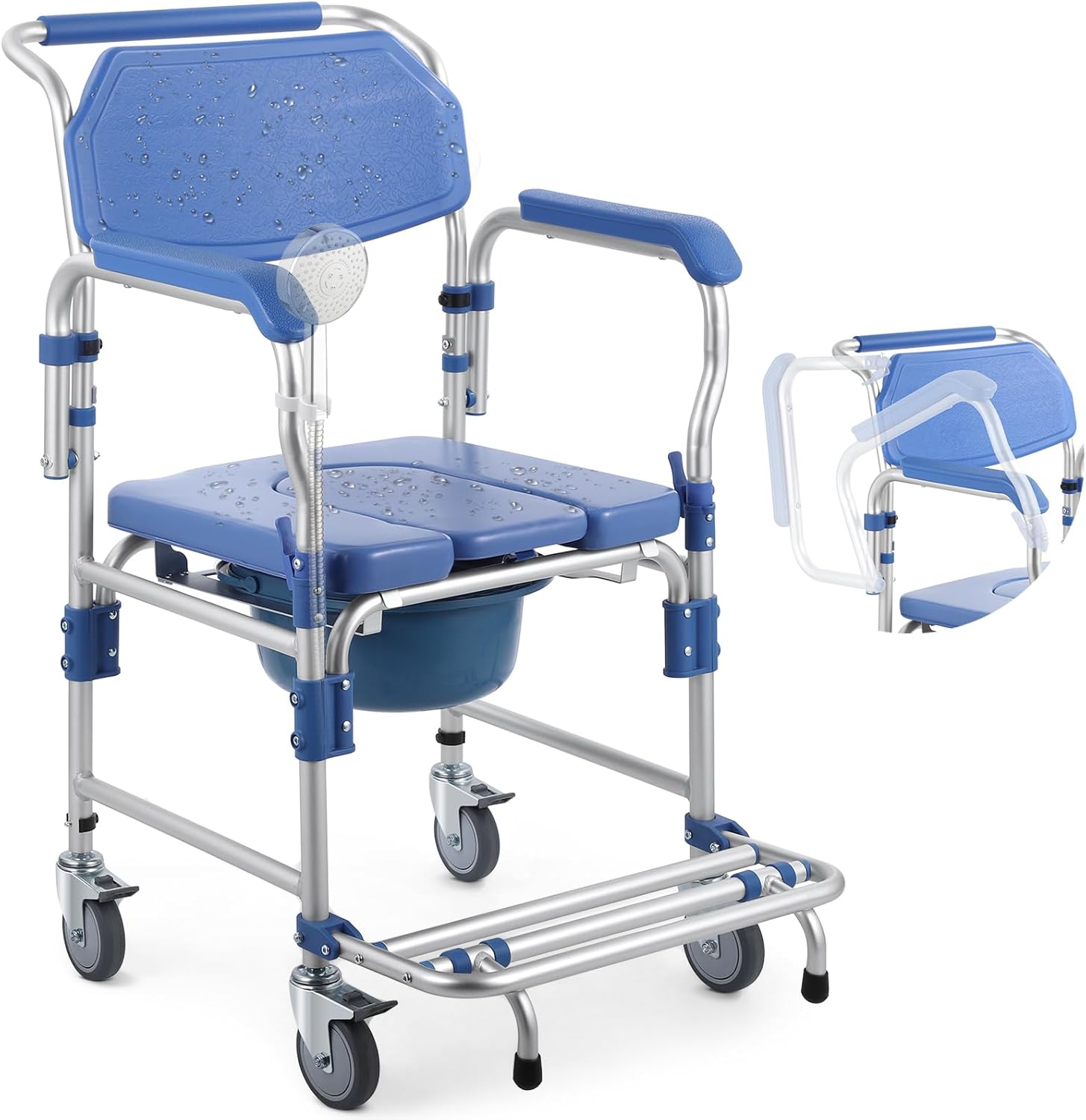 Bedside Commode Wheelchair with Drop Arms, Locking Casters, Waterproof Shower Chair

