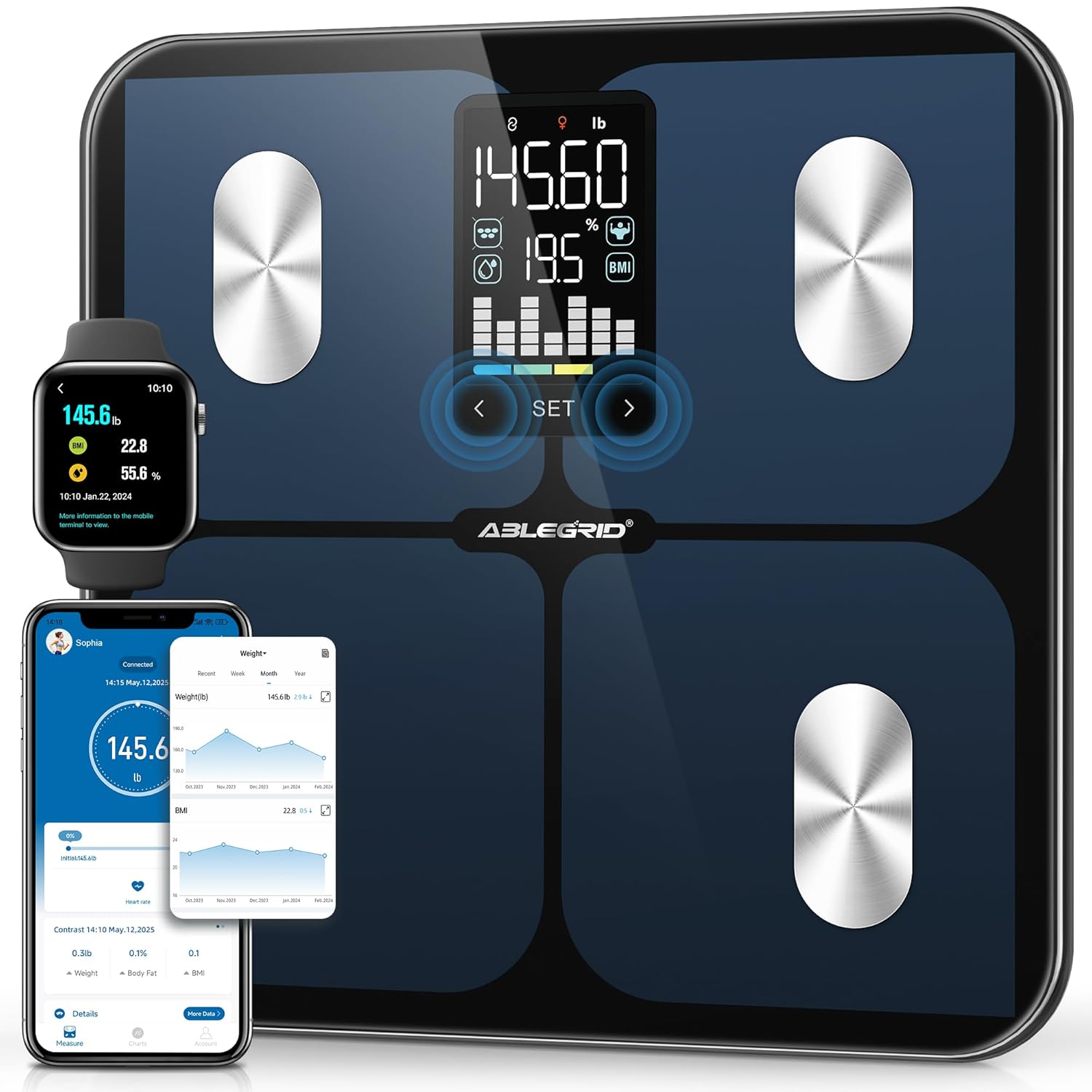 ABLEGRID Smart Bathroom Scale Digital Body Fat, BMI, LED Trend Display, App-Free

