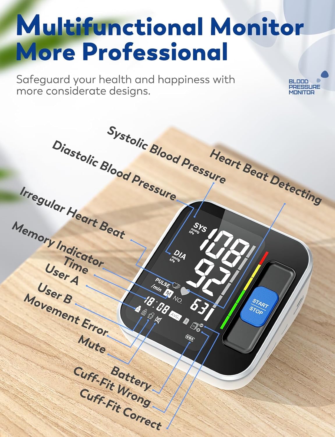 Upper Arm Blood Pressure Monitor for Home Use, HR Detection, Large Display

