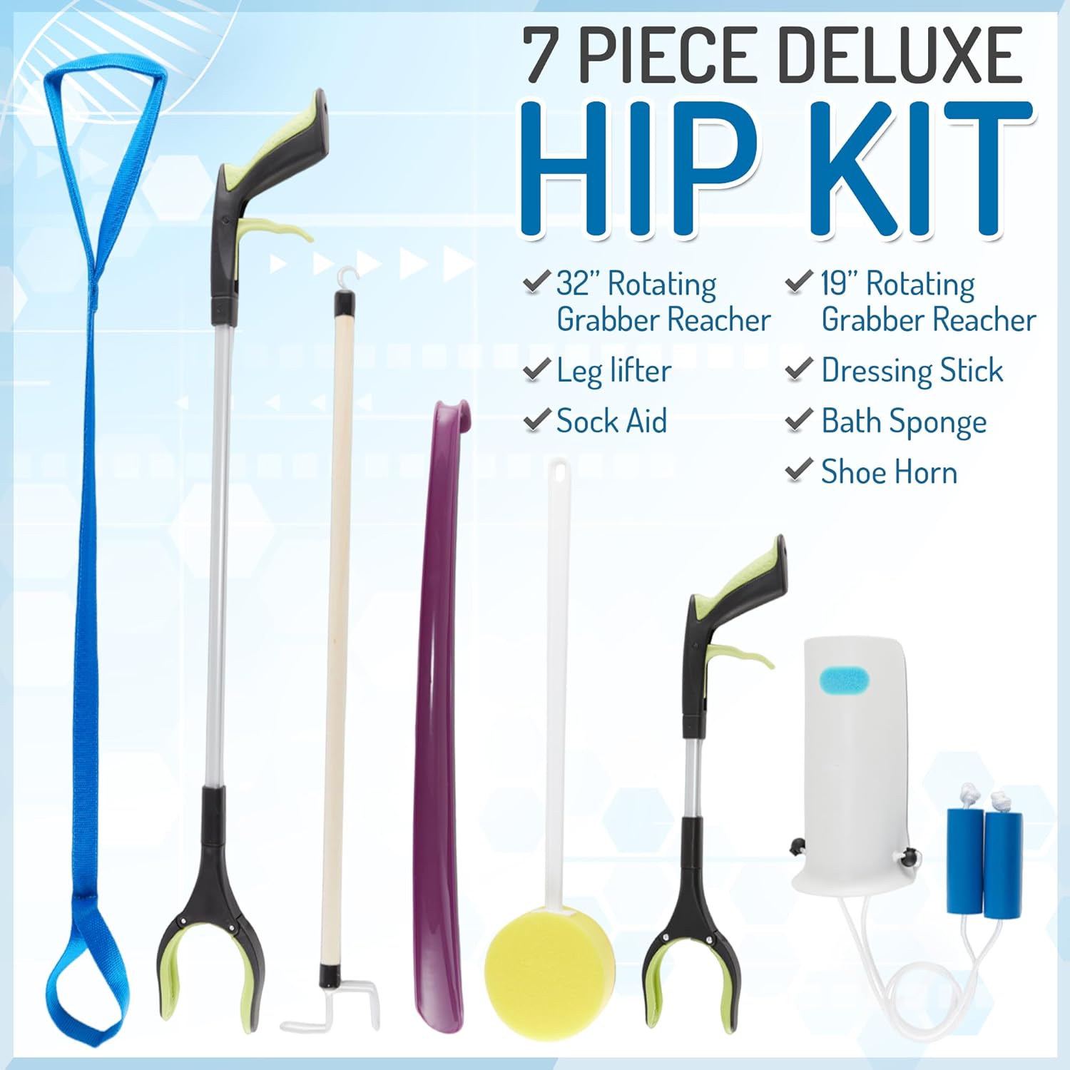Mars Wellness Hip Replacement Recovery Tool Set: Leg Lifter, Sock Aid, Reacher, Shoe Horn

