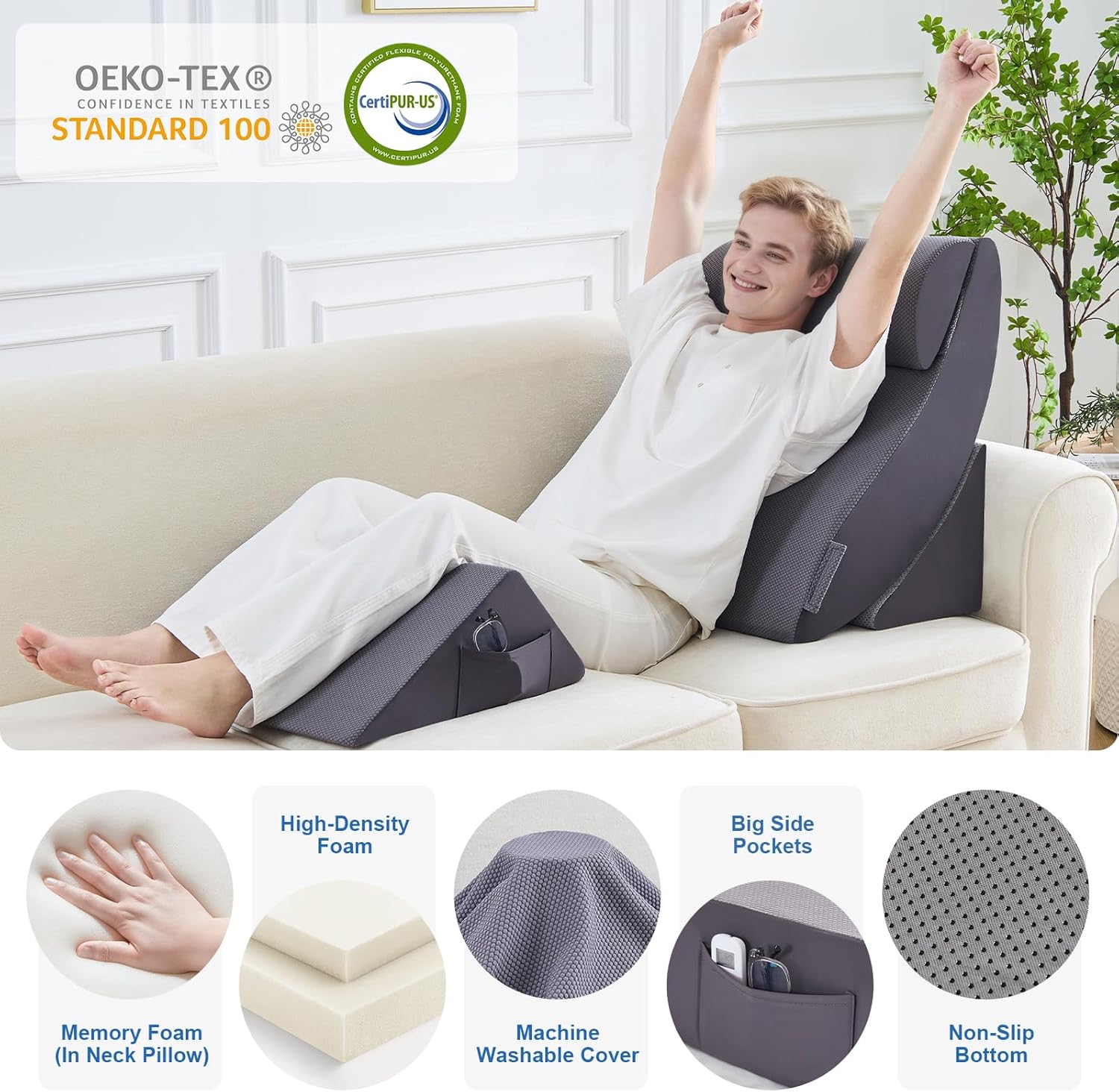 Orthopedic Bed Wedge Pillow Set for Neck Back Leg Support, Memory Foam

