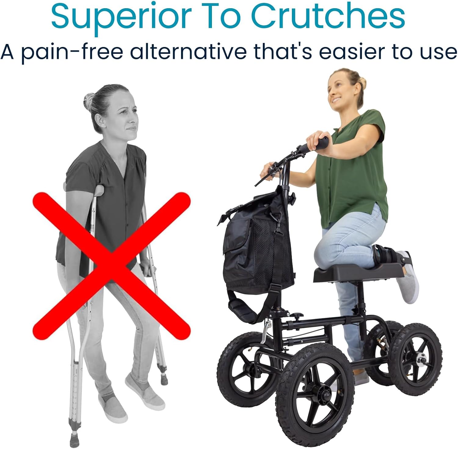 Vive Mobility Quad Knee Walker with Steering Handle, Seated Knee Scooter Aid

