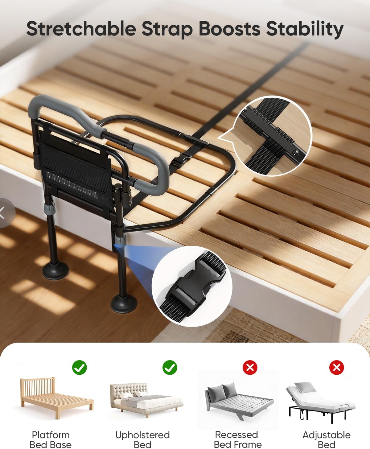 Folding Bed Rails for Elderly, Height-Adjustable Bed Assist Rail with Motion Light

