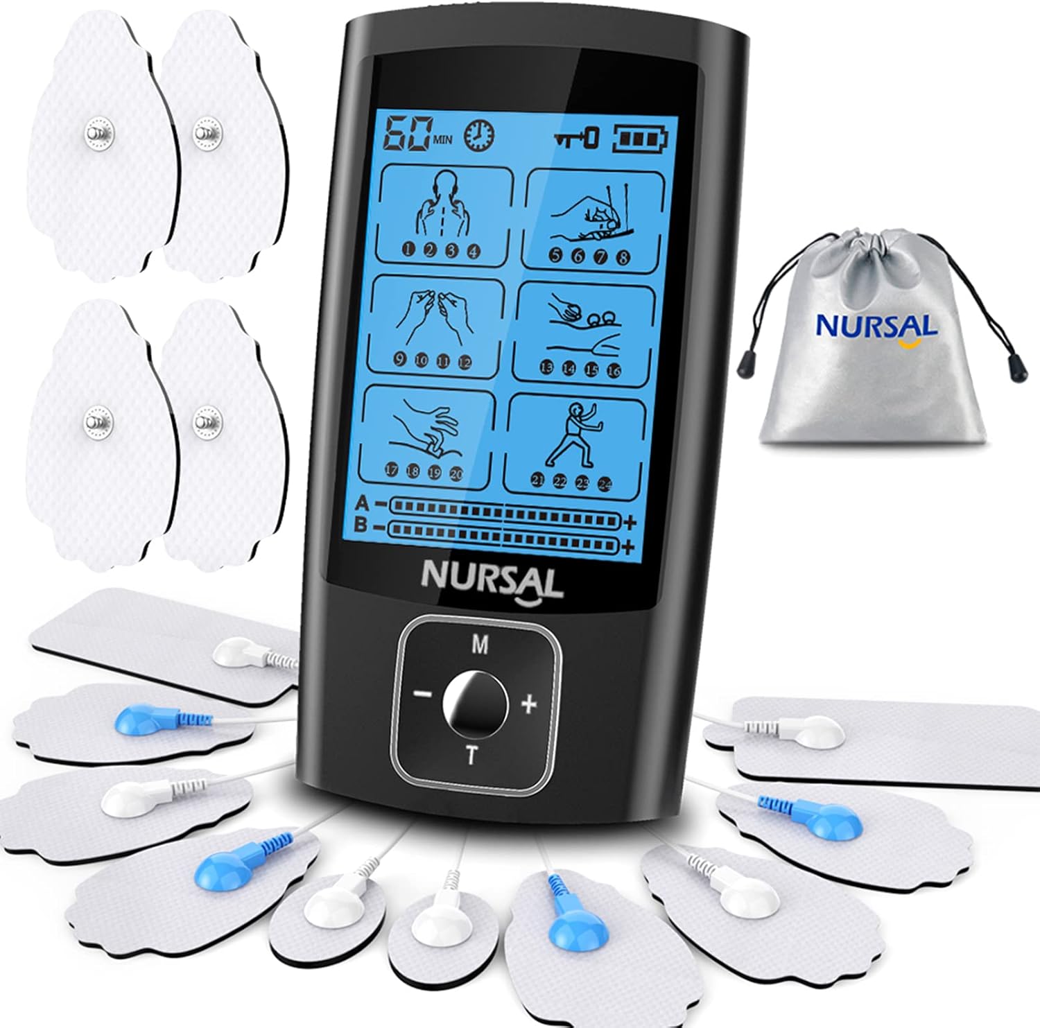 NURSAL Dual Channel TENS EMS Muscle Stimulator 24 Modes Rechargeable with 14 Pads

