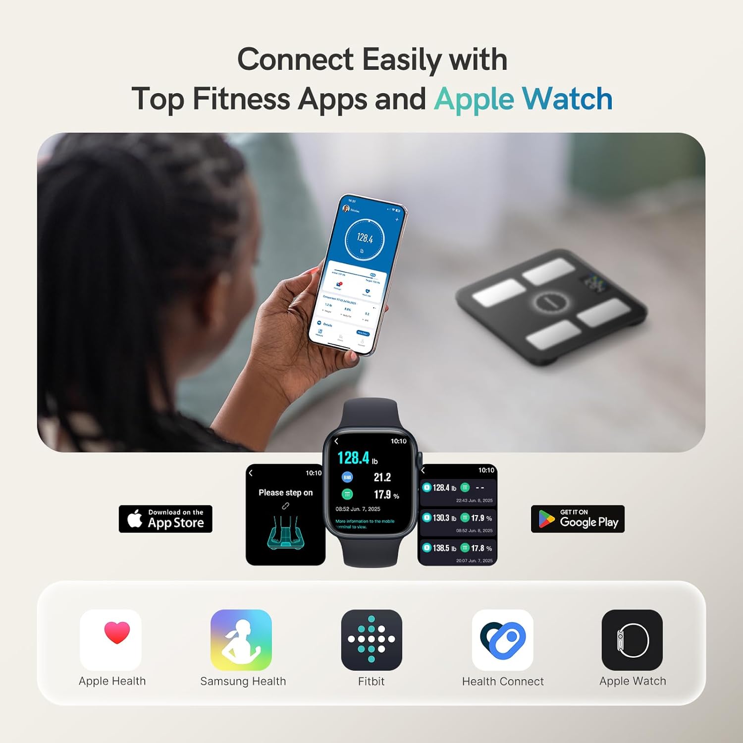 Smart Body Composition Scale with Large Display, 6 Metrics, App & Apple Watch Sync

