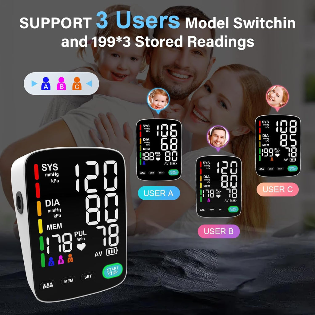 Automatic Upper Arm Blood Pressure Monitor for Home, Triple User, Large LED Screen


