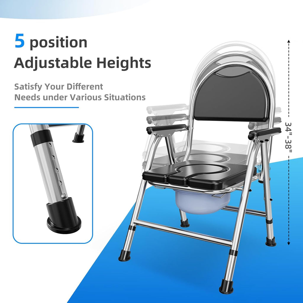 4-in-1 Folding Bedside Commode Chair for Elderly with Arms and Back, Adjustable Height

