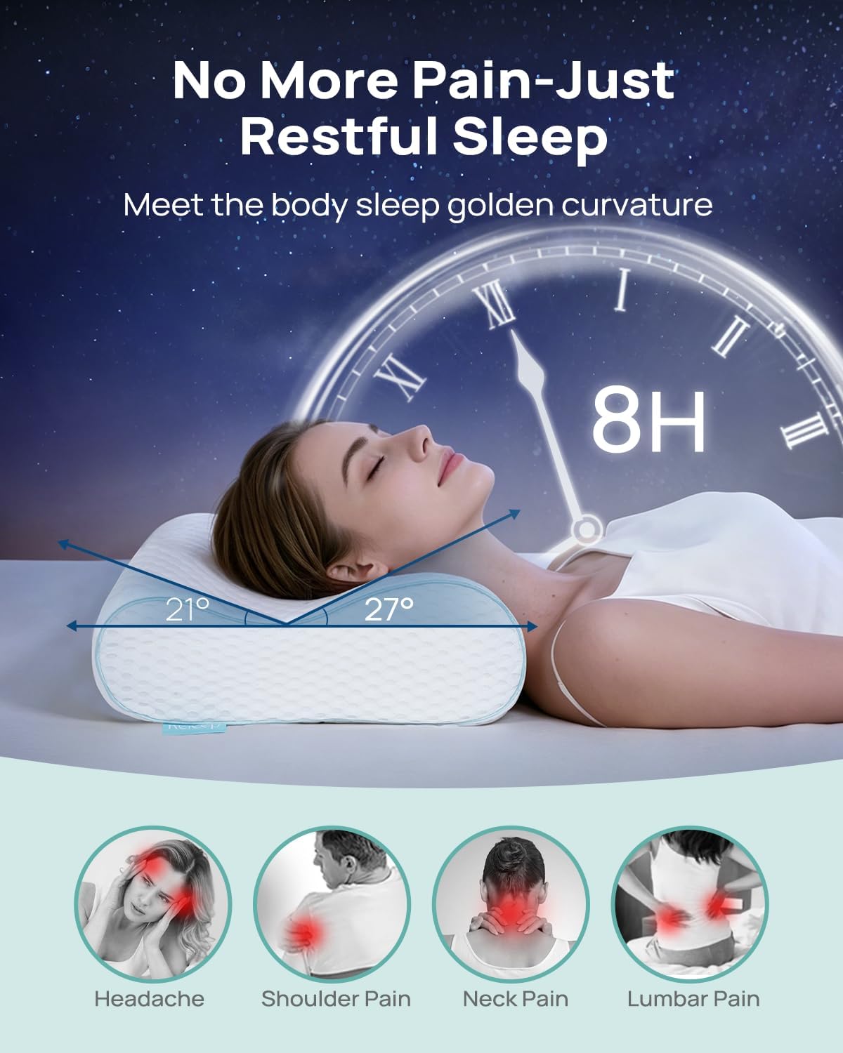 Releep Cervical Neck Pillow Adjustable Contour Cooling Memory Foam Ergonomic

