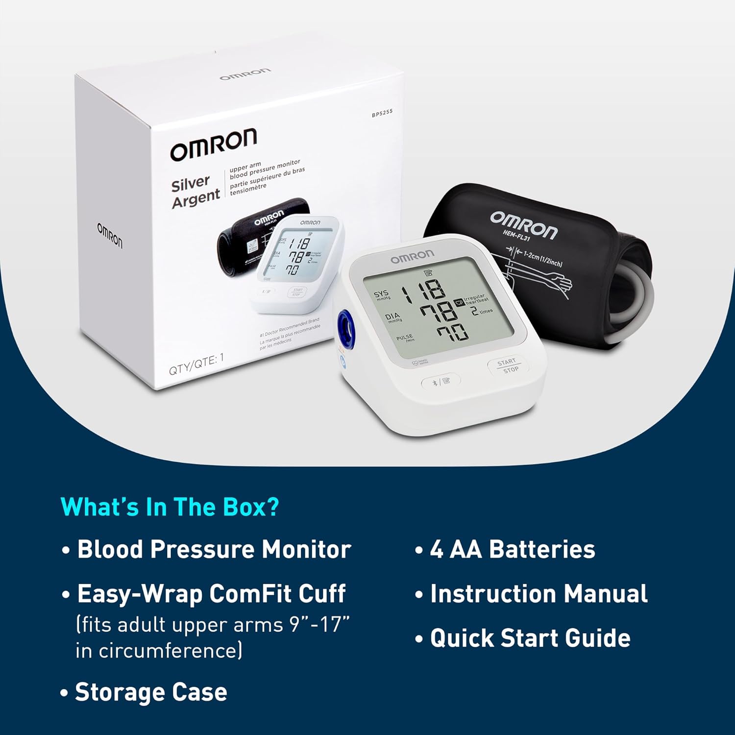 OMRON Silver Upper Arm Blood Pressure Monitor with Bluetooth and App for Home Use

