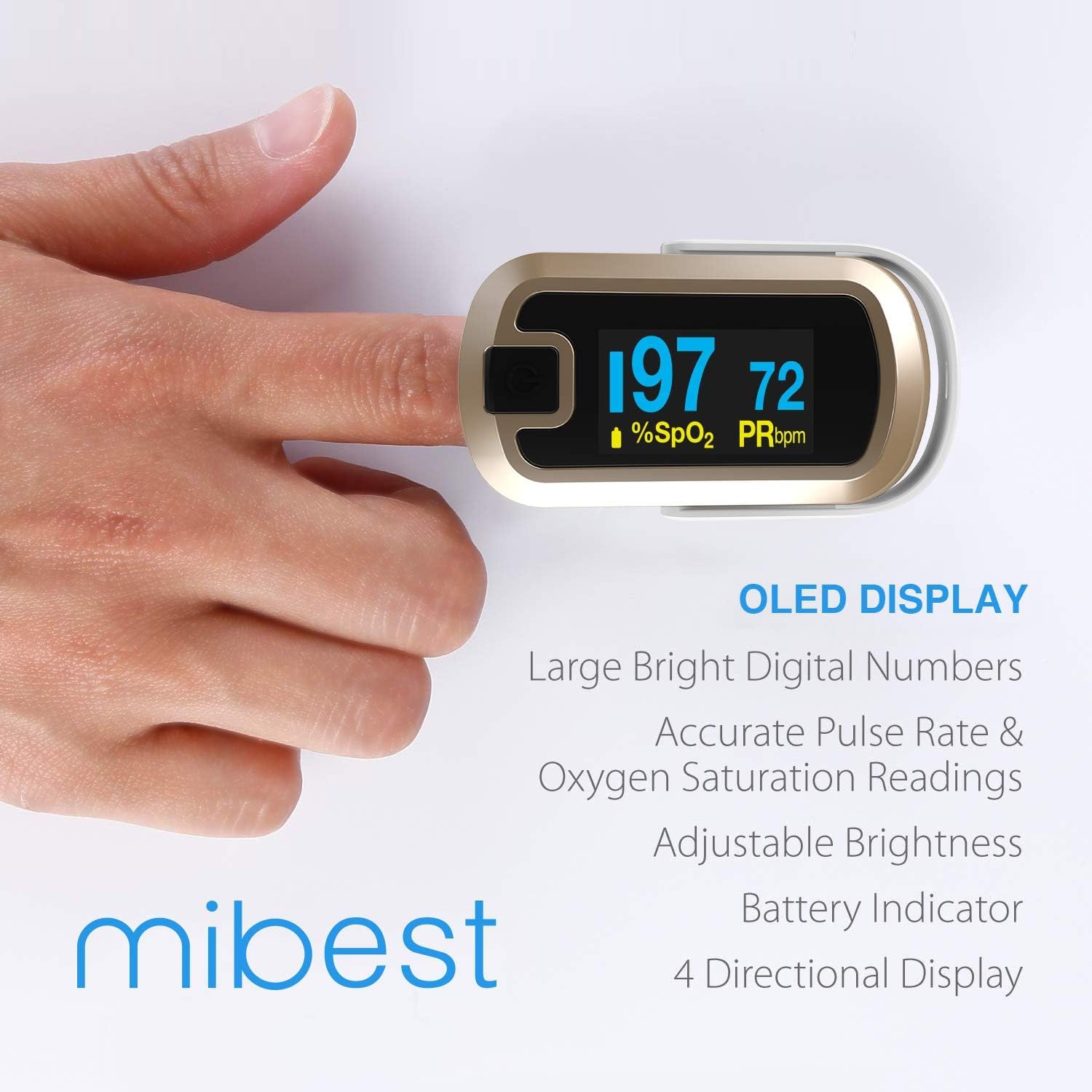 mibest OLED Finger Pulse Oximeter, O2 Meter, Dual Color White & Luxury Gold

