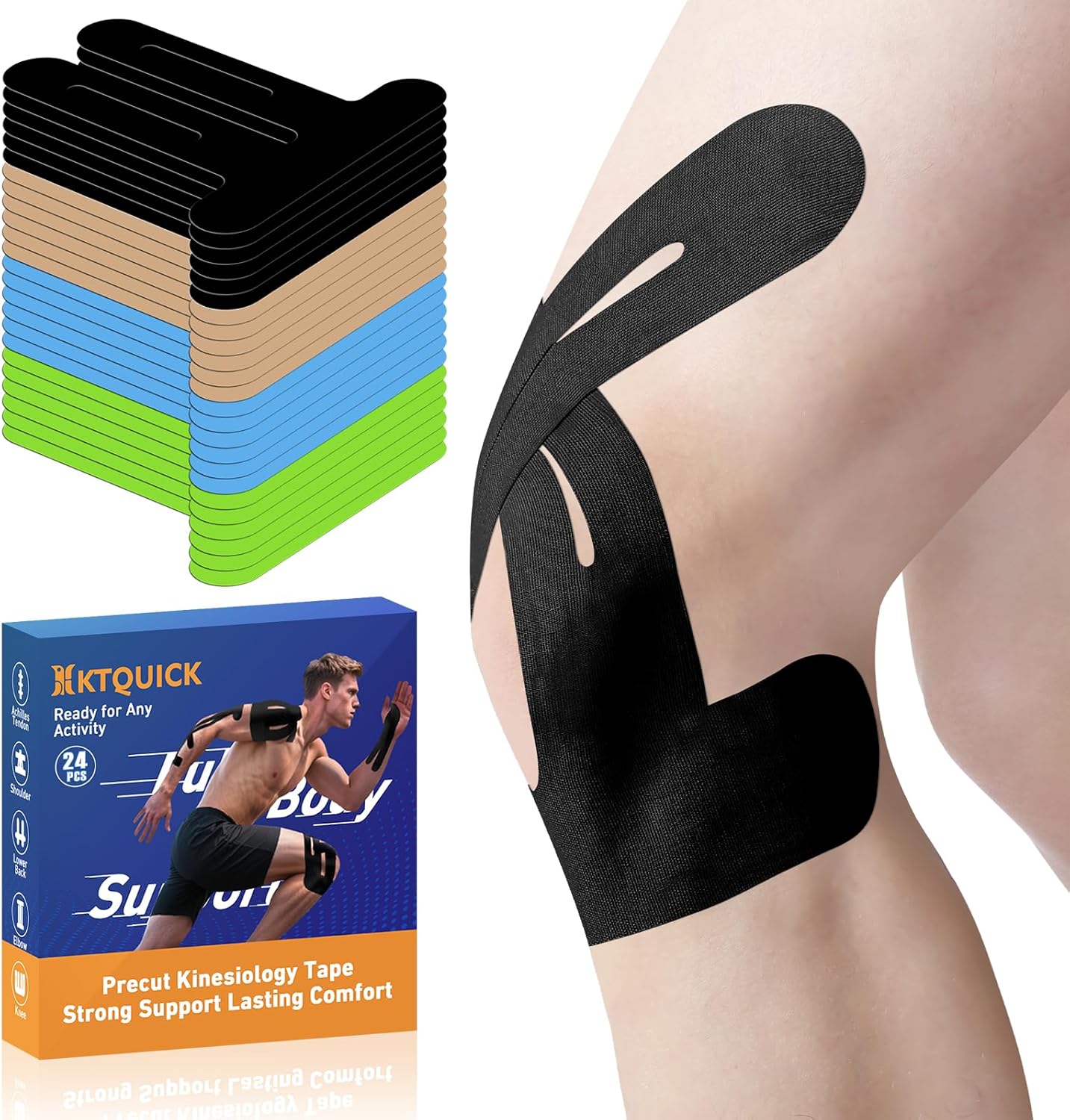 KTQUICK Pre-Cut Kinesiology Tape for Knees, Cotton, Latex-Free, Waterproof

